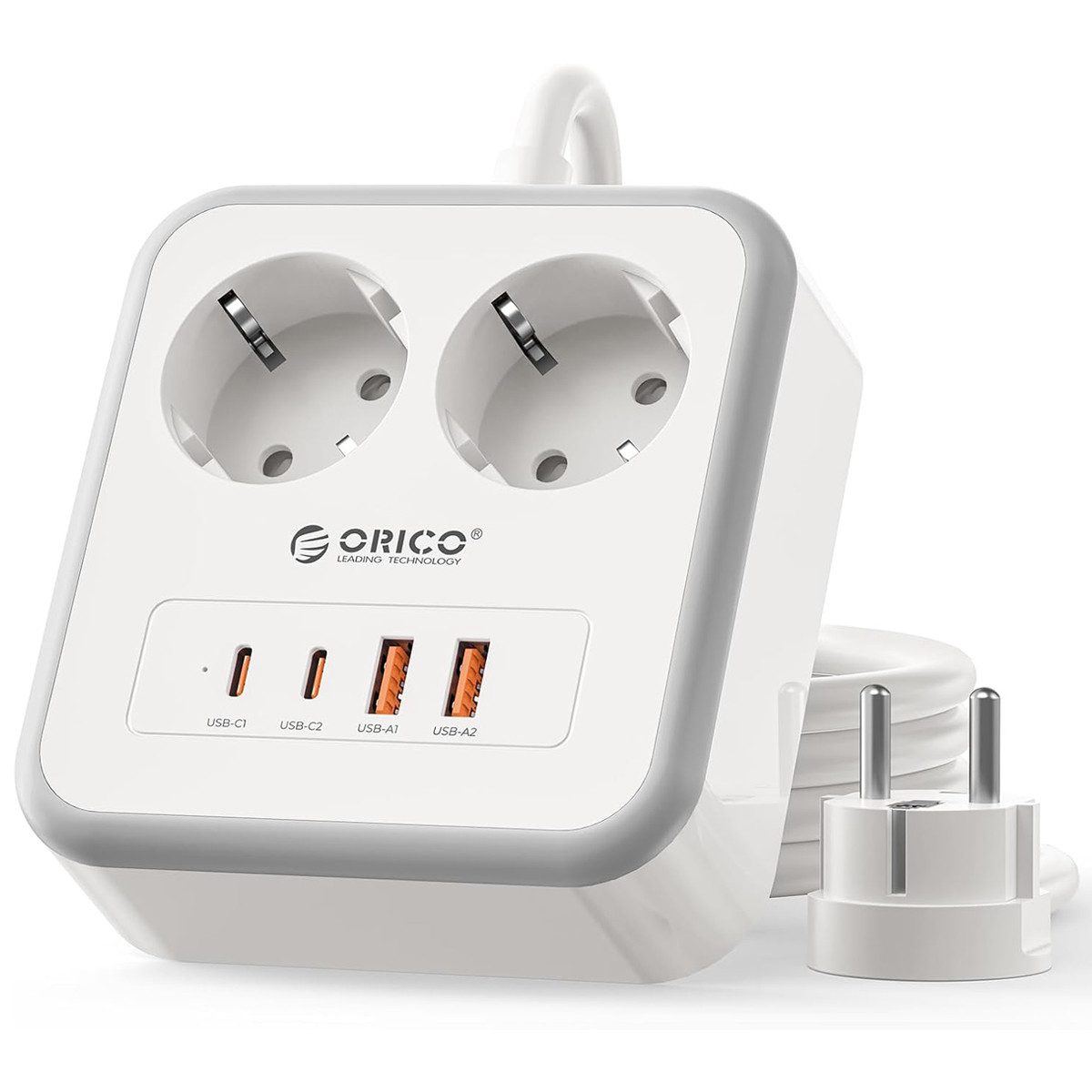 ORICO Steckdose 6-in-1 Mehrfachsteckdose mit USB-C PD 20W, 3 m Kabel, 1-St., 2 Steckdosen & 4 USB (2× USB-C), Kompakt-Powercube für Büro & Zuhause