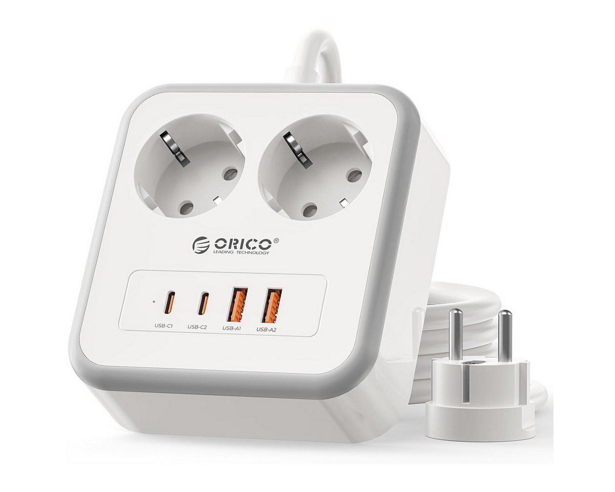ORICO Steckdose 6-in-1 Mehrfachsteckdose mit USB-C PD 20W, 3 m Kabel, 1-St., 2 Steckdosen & 4 USB (2× USB-C), Kompakt-Powercube für Büro & Zuhause