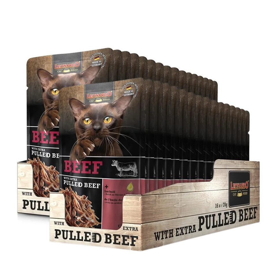 Leonardo Catfood Beef mit extra pulled Beef 2x16x70g, Nassfutter für: Katzen