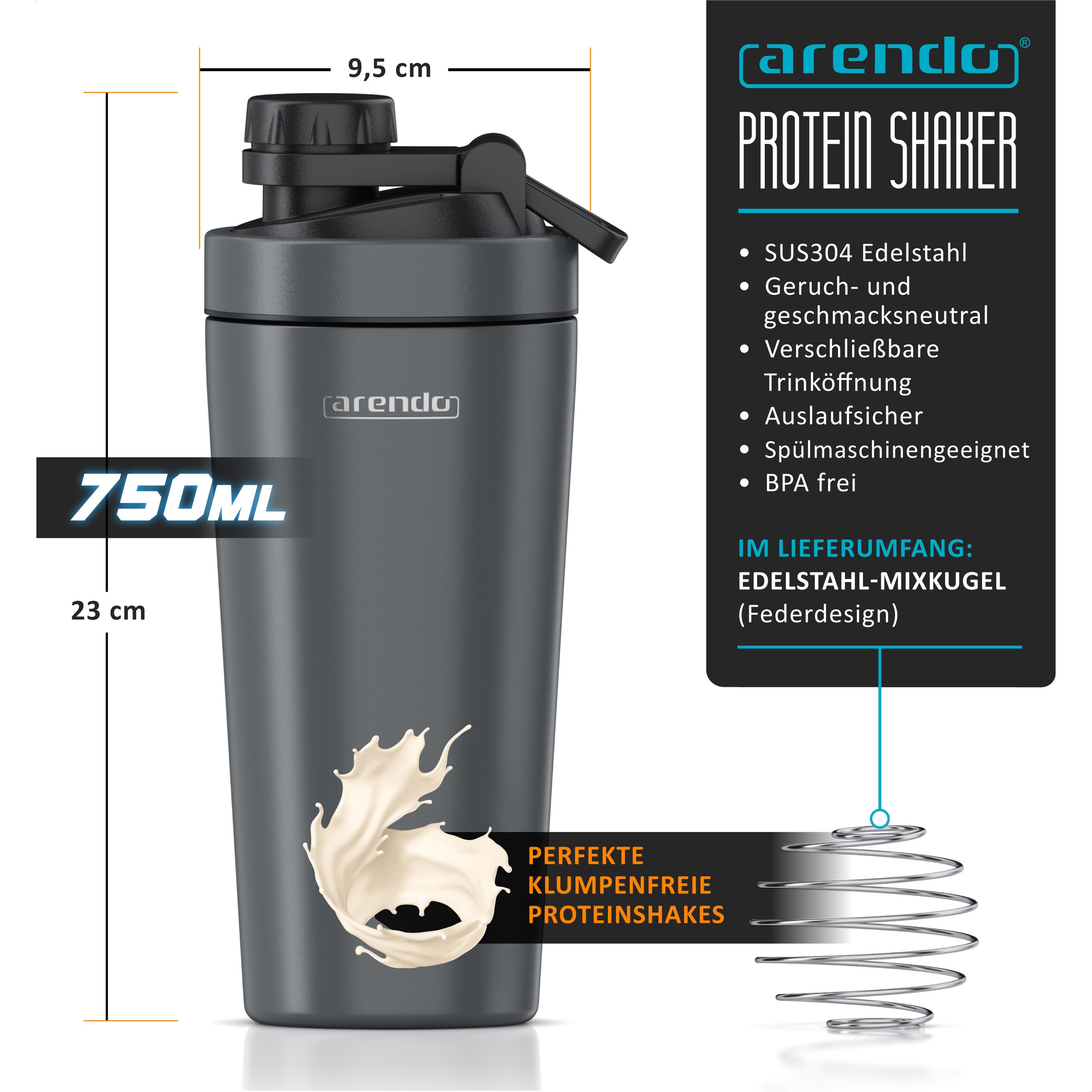 Arendo Protein Shaker Edelstahl Eiweißshaker 750 ml, verschließbar, bruchfest, BPA-frei, Edelstahl, (1-tlg), auslaufsicher, spülmaschinengeeignet, mit Tragegrif – Bild 2 von 5