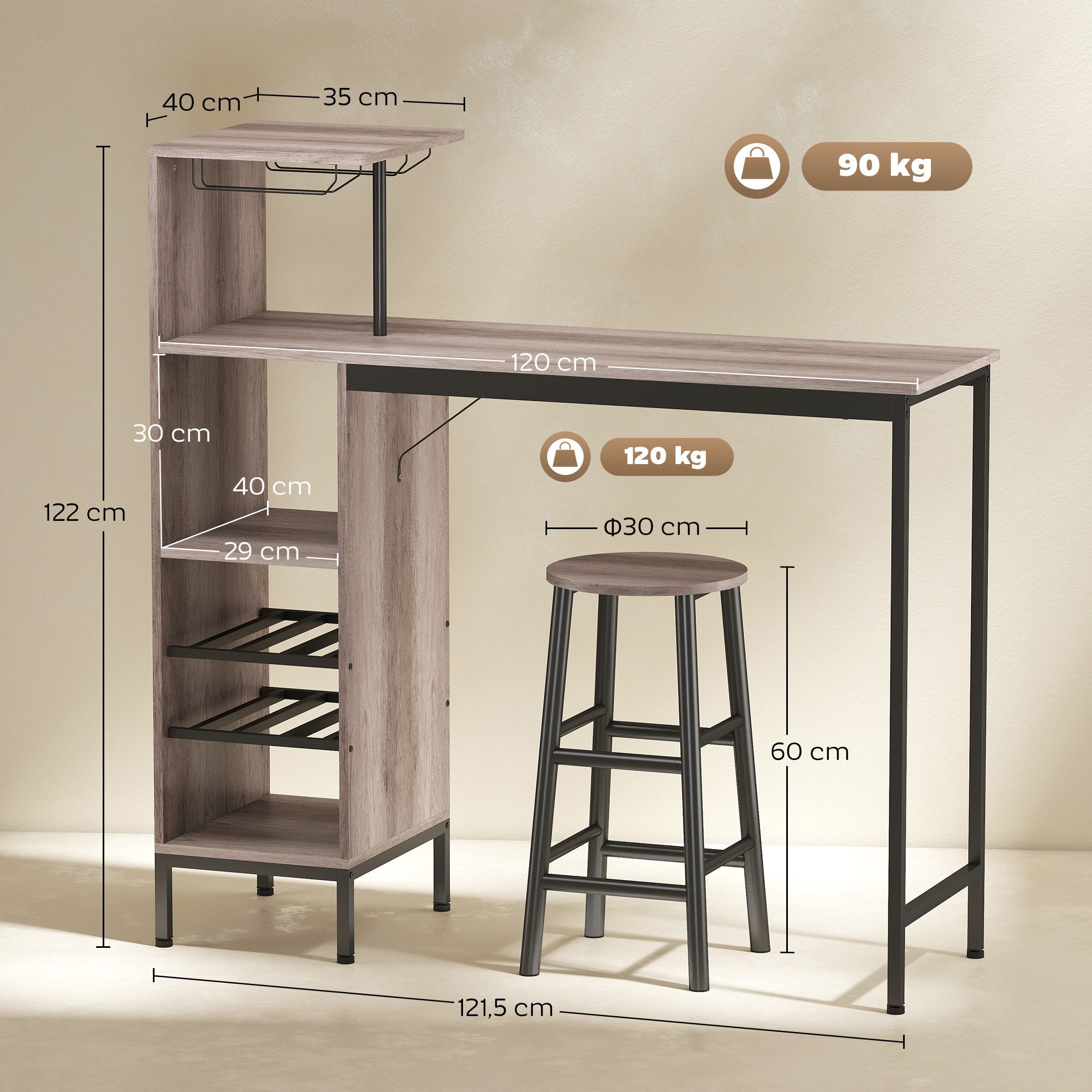 HOMCOM Bargruppe Esstisch mit Weinglashalter, Ablage, Industrial Bartisch Set, (Bartisch-Set, 3-tlg., Esstisch mit 2 Stühlen), Platzsparendes Design, Grau