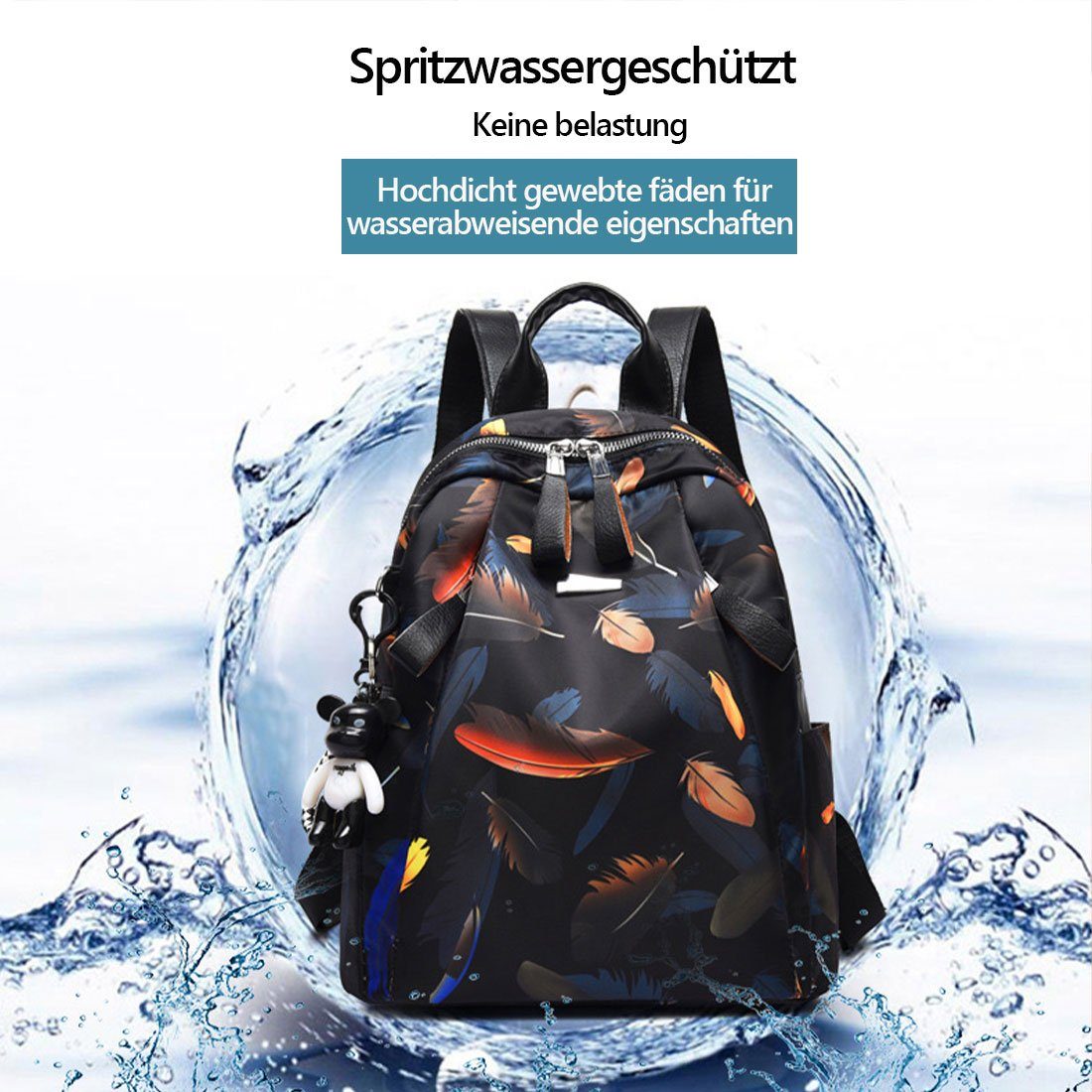 HNDSG Cityrucksack Damen Anti-Diebstahl Kapazität Schwarz gedruckt große Reise-Rucksack Seesack