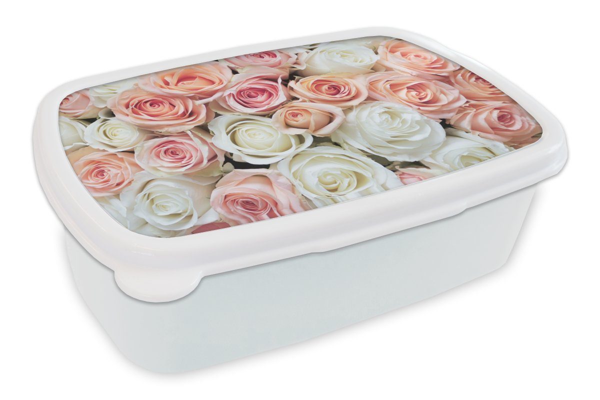 MuchoWow Lunchbox Rosen - Blumen - Weiß - Rosa, Kunststoff, (2-tlg), Brotbox für Kinder und Erwachsene, Brotdose, für Jungs und Mädchen