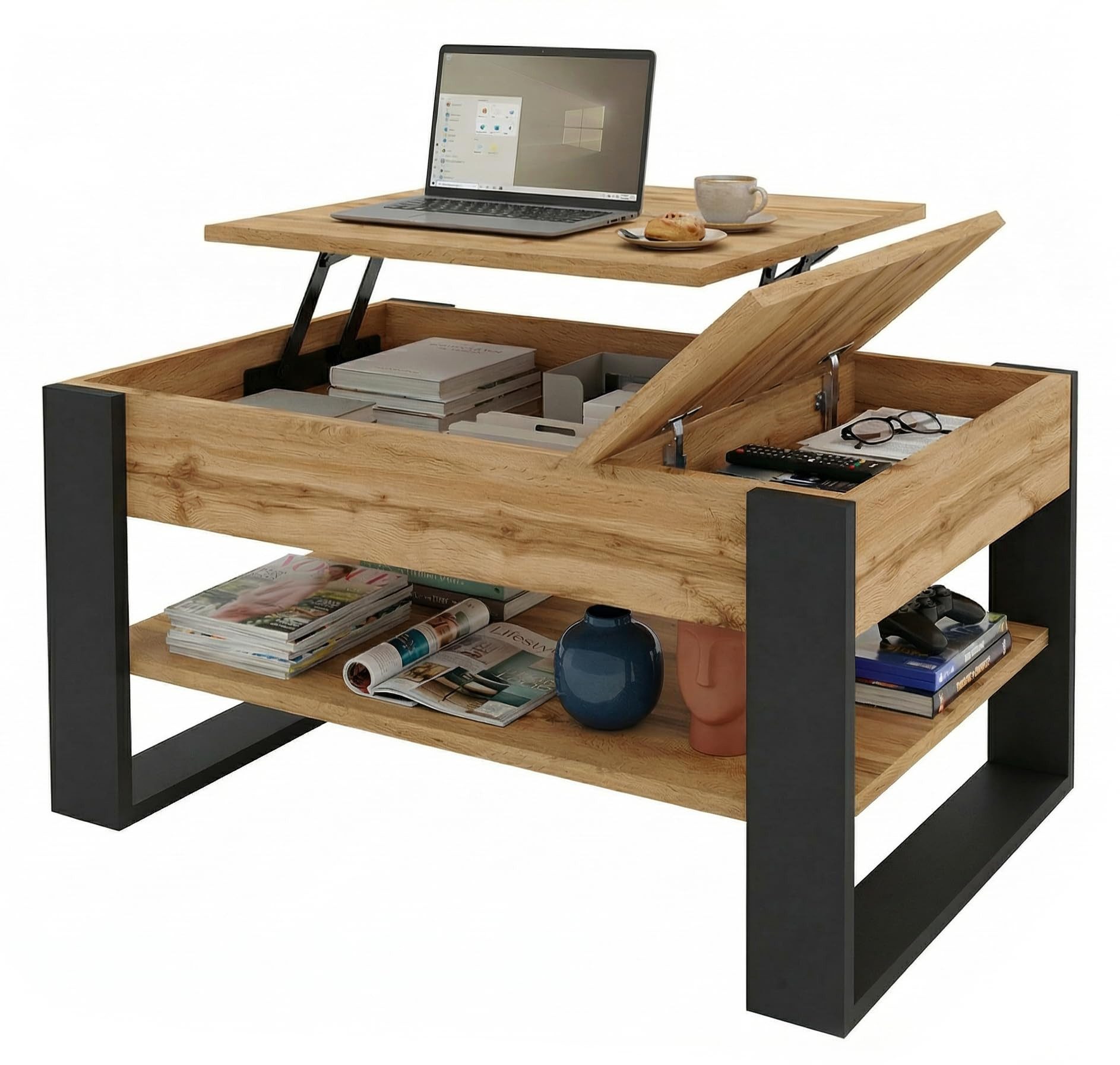 TREND WERK Couchtisch Lift-Couchtisch höhenverstellbar Sofatisch 92×54 cm mit Stauraum (verstecktem Fach Wohnzimmertisch Holz modern Wohnzimmertisch)