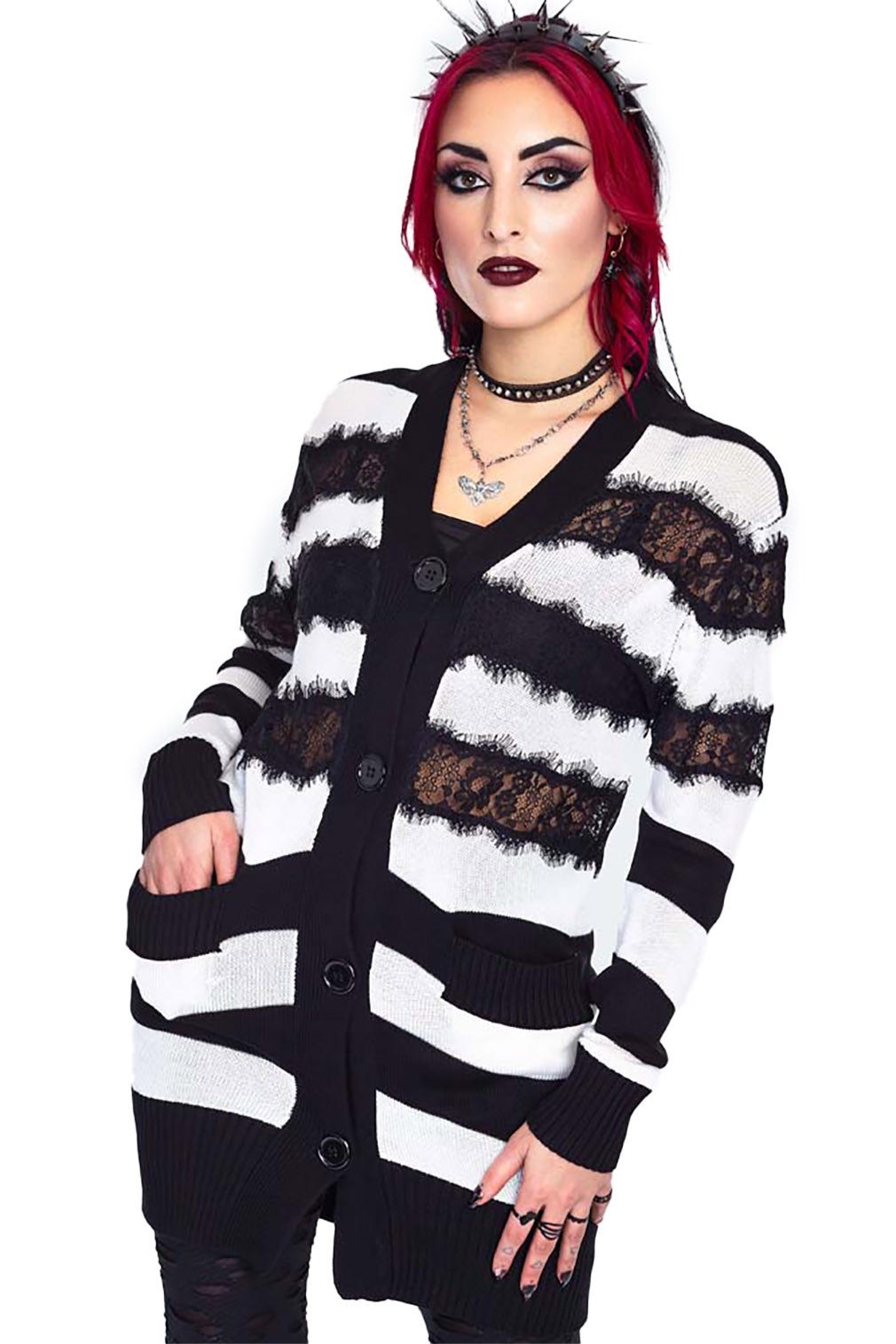 Jawbreaker Strickjacke Oversized Stripe White Cardigan Punk Grufti Gothic