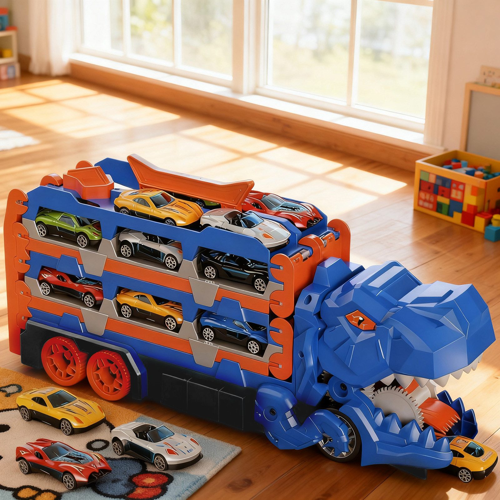 REDOM Spielzeug-Transporter Dino-Transporter Dinosaurier Spielset, (Dinosaurier-Transport-Lkw mit 150 cm Rennbahn 6 Metall-Mini-Autos, 1-tlg., Ausziehbare zweispurige Bahn und Verschlingungsmechanismus), Lernspielzeug Geschenk für Kinder ab 3 Jahren