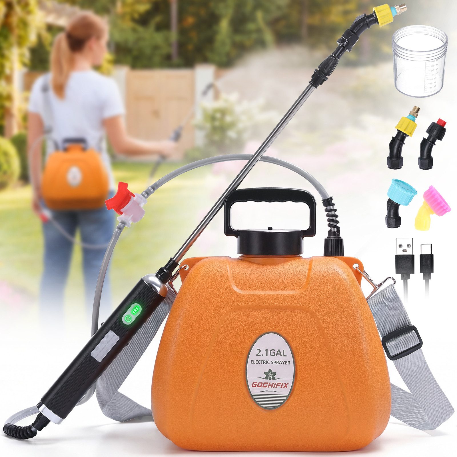 Insma Drucksprühgerät 8L Elektrisches Gartensprühgerät mit 4 verstellbaren Sprühdüsen, Akku-Drucksprühgerät mit 6 Sprühmodi und Schultergurt