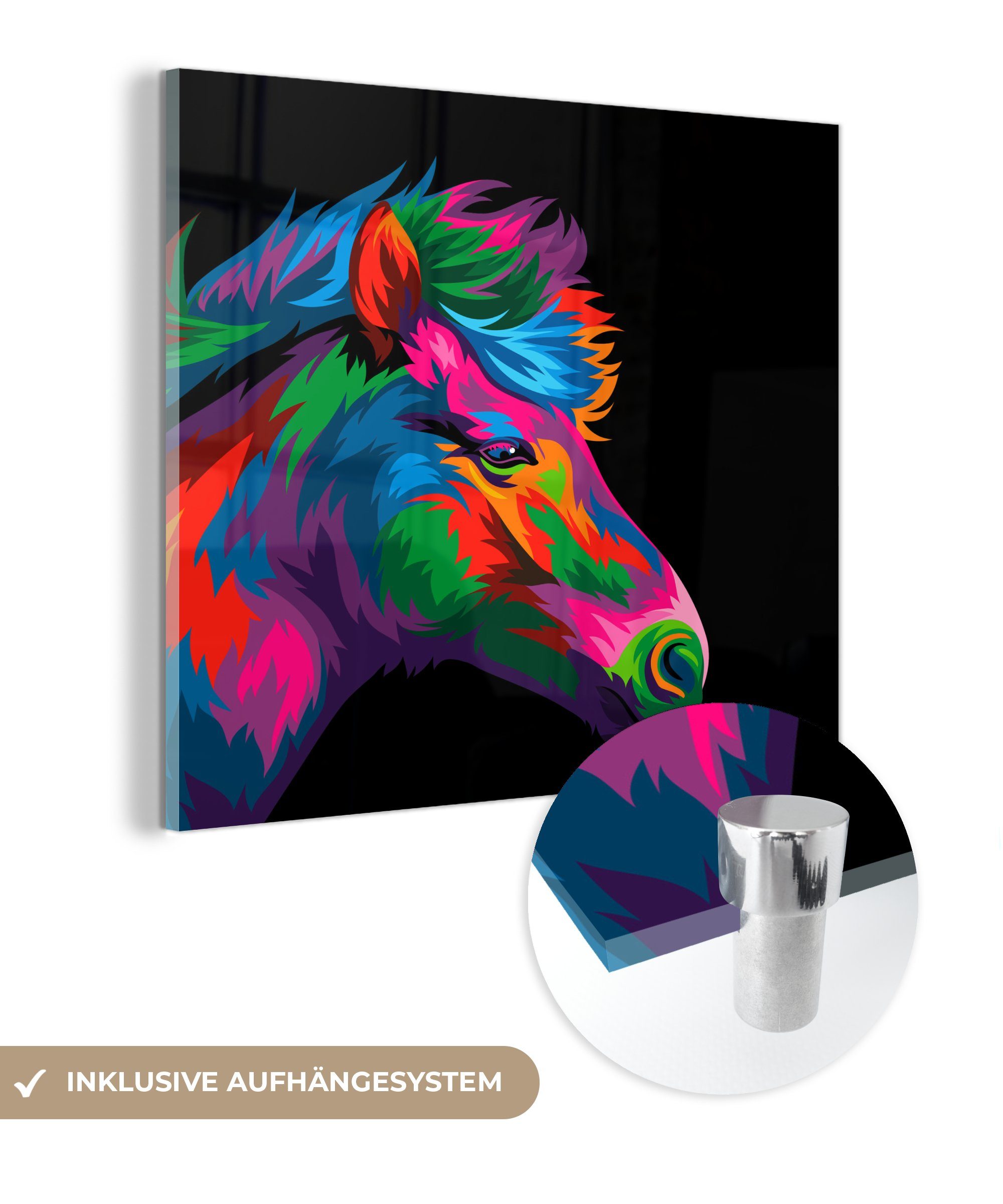 MuchoWow Acrylglasbild Pferd - Rot - Lila - Mädchen - Kinder - Mädchen, (1 St), Glasbilder - Bilder auf Glas Wandbild - Foto auf Glas - Wanddekoration | Bilder