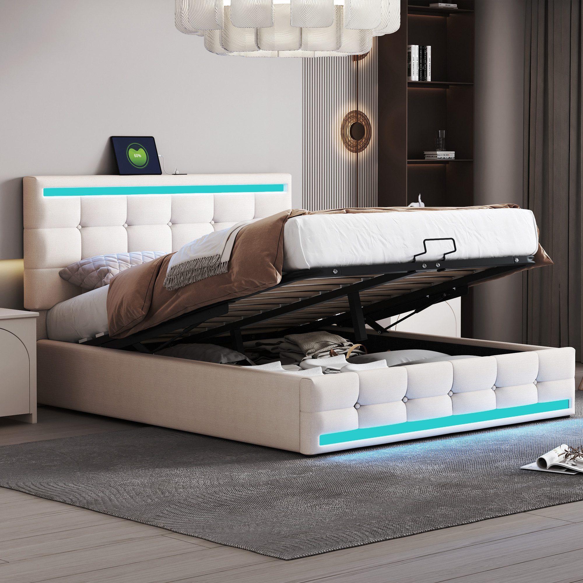 Flieks Polsterbett, LED Doppelbett Stauraumbett 2 günstig online kaufen