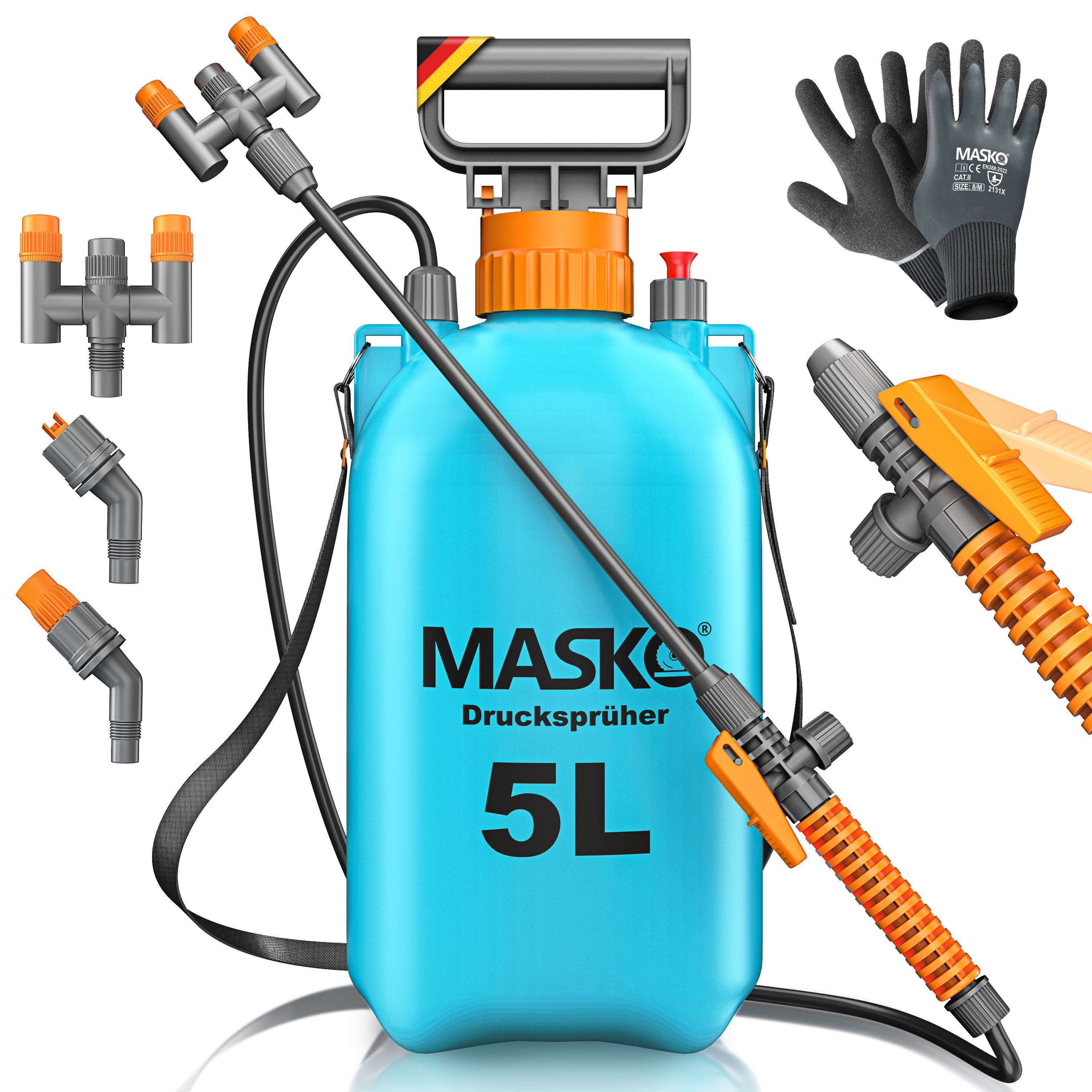 MASKO Drucksprühgerät Drucksprüher säurebeständiges Sprühgerät 5L Füllinhalt Gartenspritze, (Pumpsprühflasche mit verstellbaren Düsen, Schlauch, Gurt & Handschuhe), Reinigungsspritze für Pflanzenschutz, Gartenarbeit & Autopflege