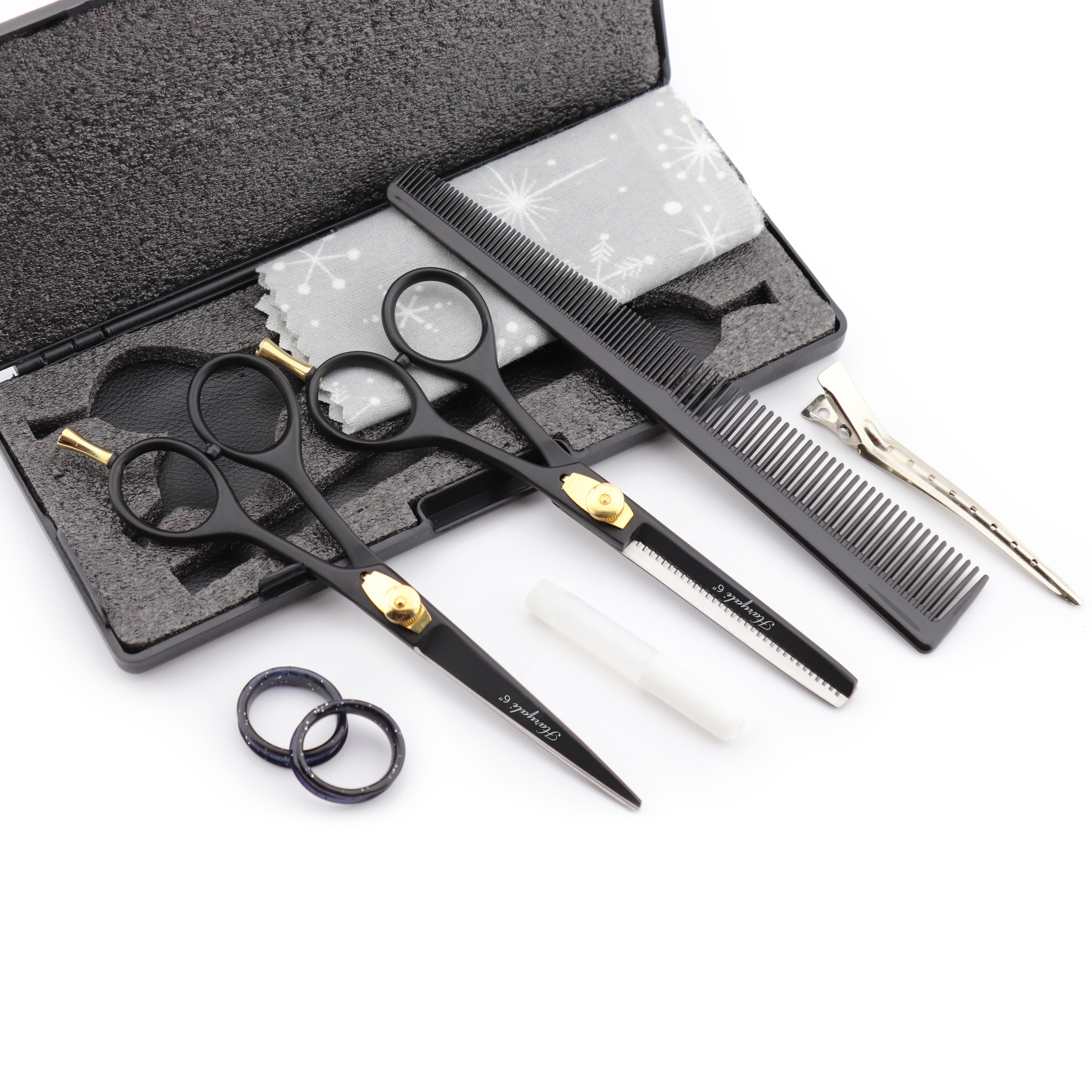 Haryali London Haarschere 6-Zoll-Scherenset mit Schneide- und Effilierschere in Schwarzgold, (1 paar, 2-tlg., 1x cutting scissors, 1x Effilierschere, 1x Kamm, 1x Öl, 1x Reinigungstuch), Bestens geeignet für professionelle Friseur- und Kosmetikscheren