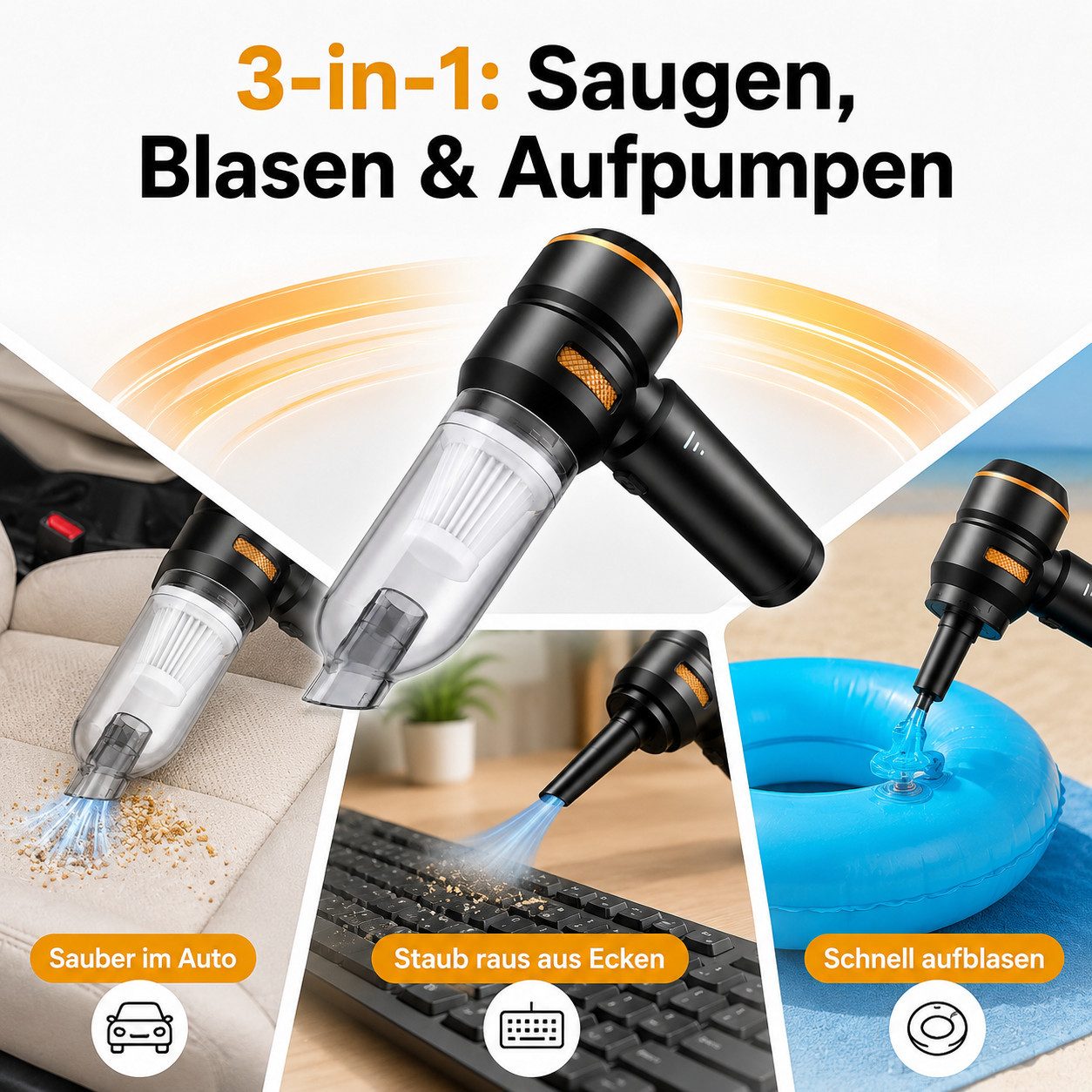 Goldstern-Tech Akku-Handstaubsauger Vortex-180 tragbare Luftpumpe, 100 W, beutellos, 2x HEPA-Filter, 16000 Pa Saugkraft, 6000 mAh, 30 Min Laufzeit, Schnellladung via USB-C
