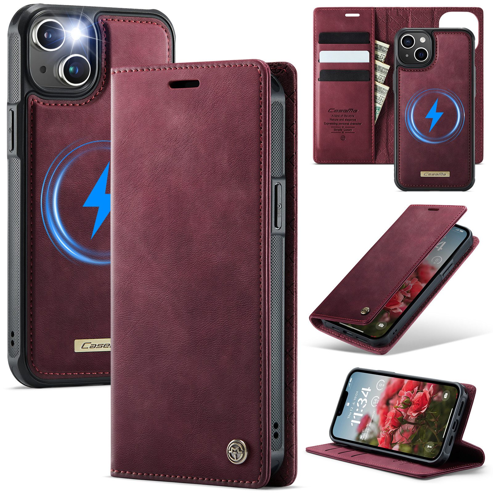 Mycotech Handyhülle Premium 2in1 Klapphülle mit abnehmbarem Magnet Case MagSafe Für iPhone 15, Weinrot
