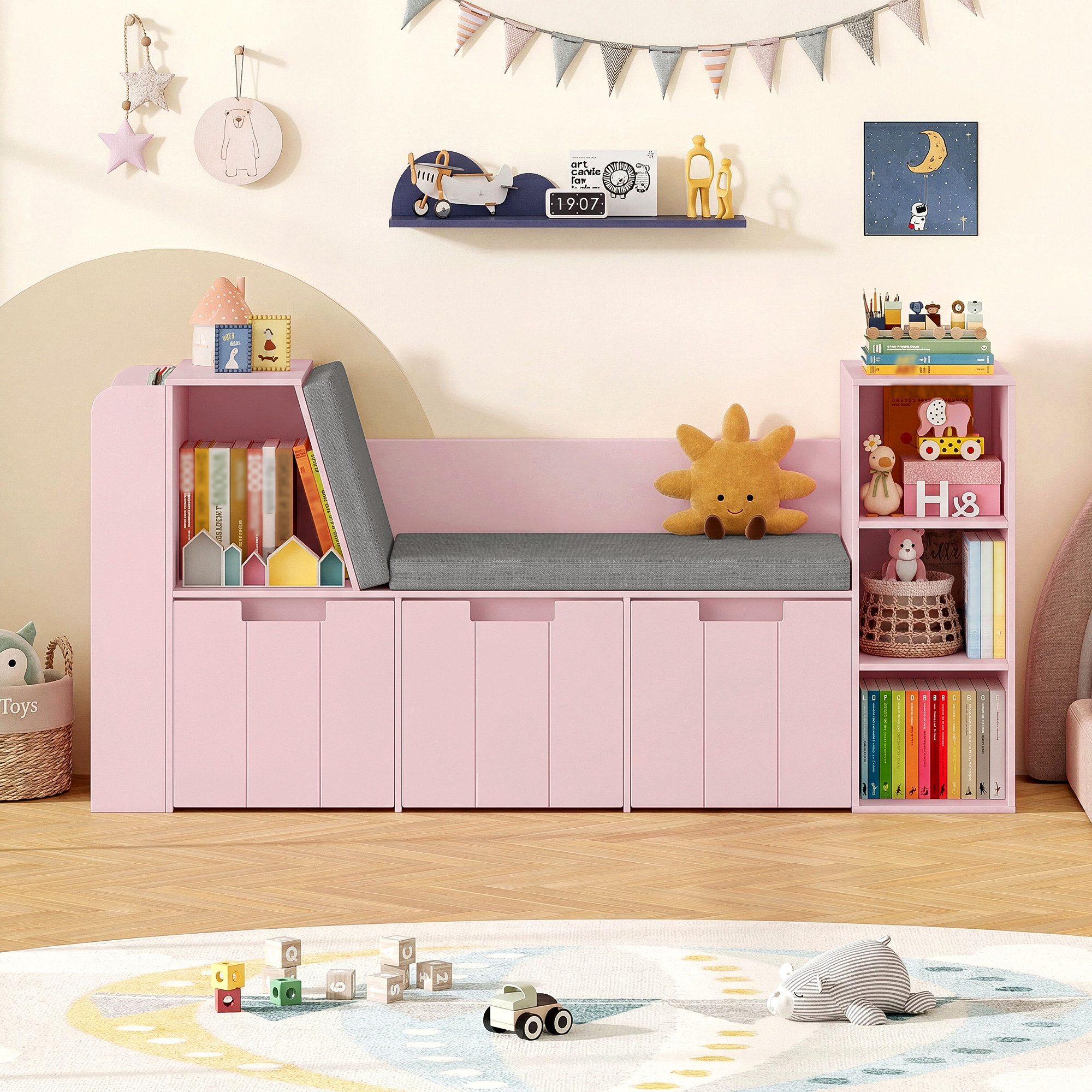 HOMECHO Spielzeugtruhe, 156cm Kinderregal mit Sitzbank, Boxen auf Rollen