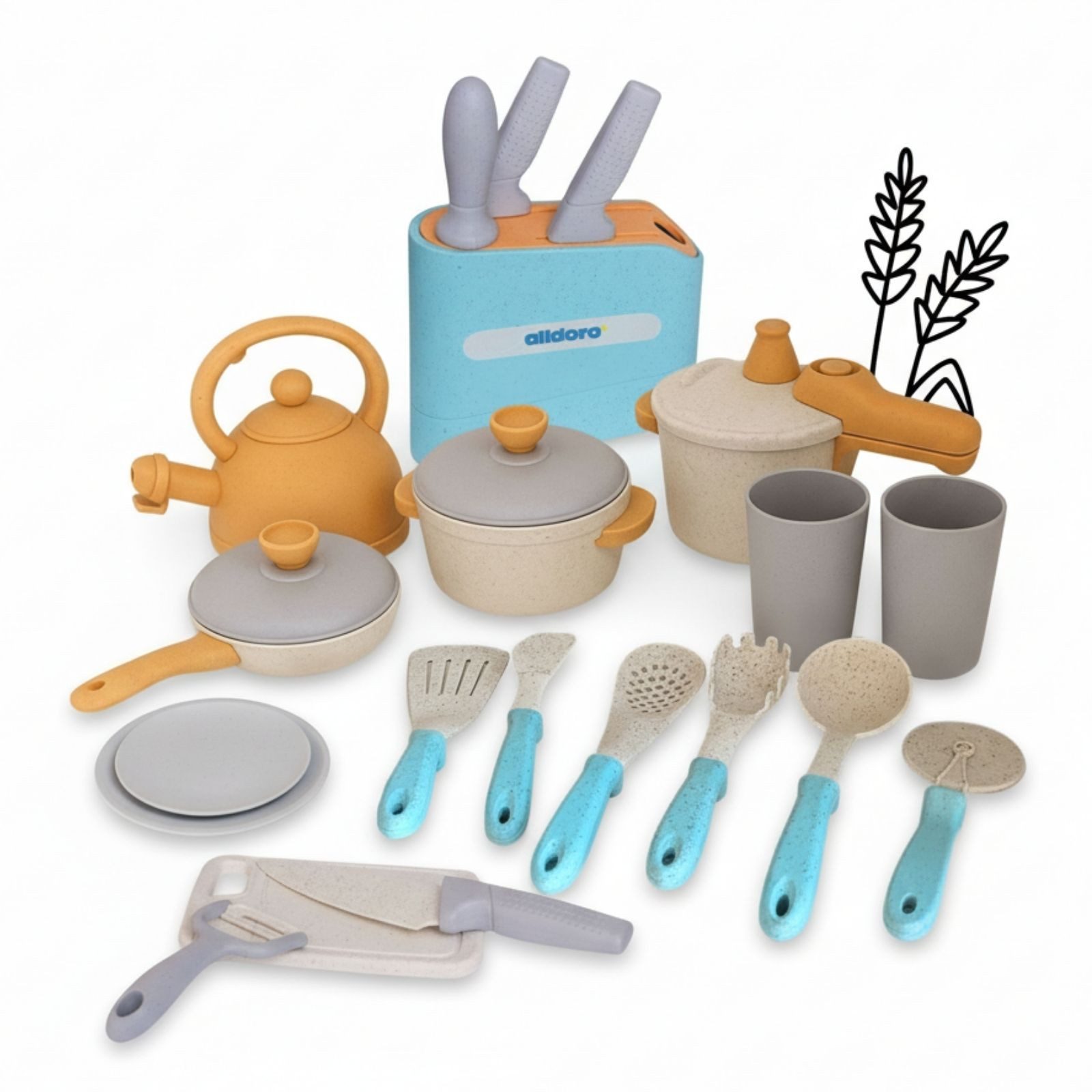 alldoro Spiel-Kochgeschirr Koch- und Geschirrset mit Messerblock für die Kinderküche, 21-teilig, (21-tlg), Küchenspielzeug-Set für Kinder, Messerblock, Töpfe, Pfannen & Geschirr