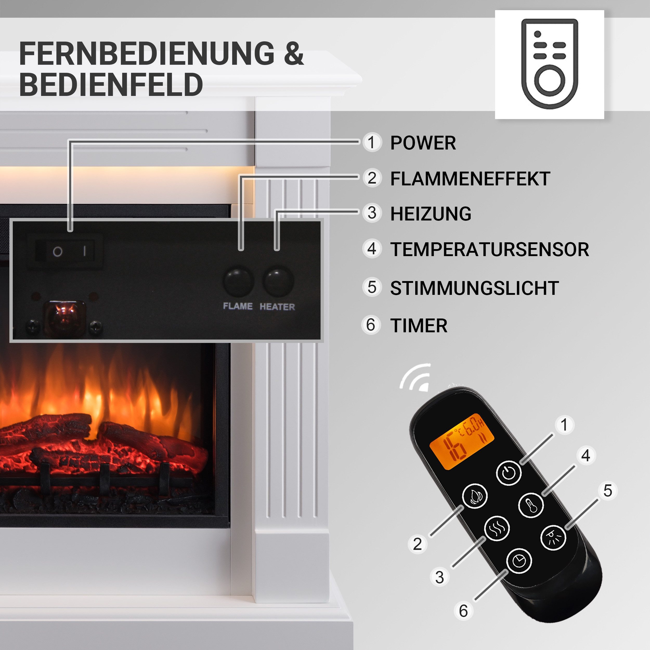 Balderia Elektrokamin Ladina Standkamin mit Heizung 2000 W, weiß, Standkamin mit Heizung 2 kW, LED-Flamme, Fernbedienung, Weiß – Bild 5 von 5