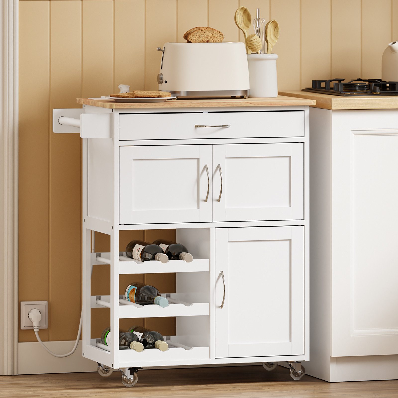 SoBuy Küchenwagen FKW45-E, Küchenwagen mit Steckdose, Servierwagen mit Weinregal, Kücheninsel mit Rollen und Arbeitsplatte, Küchenwagen für Kaffee-Ecke