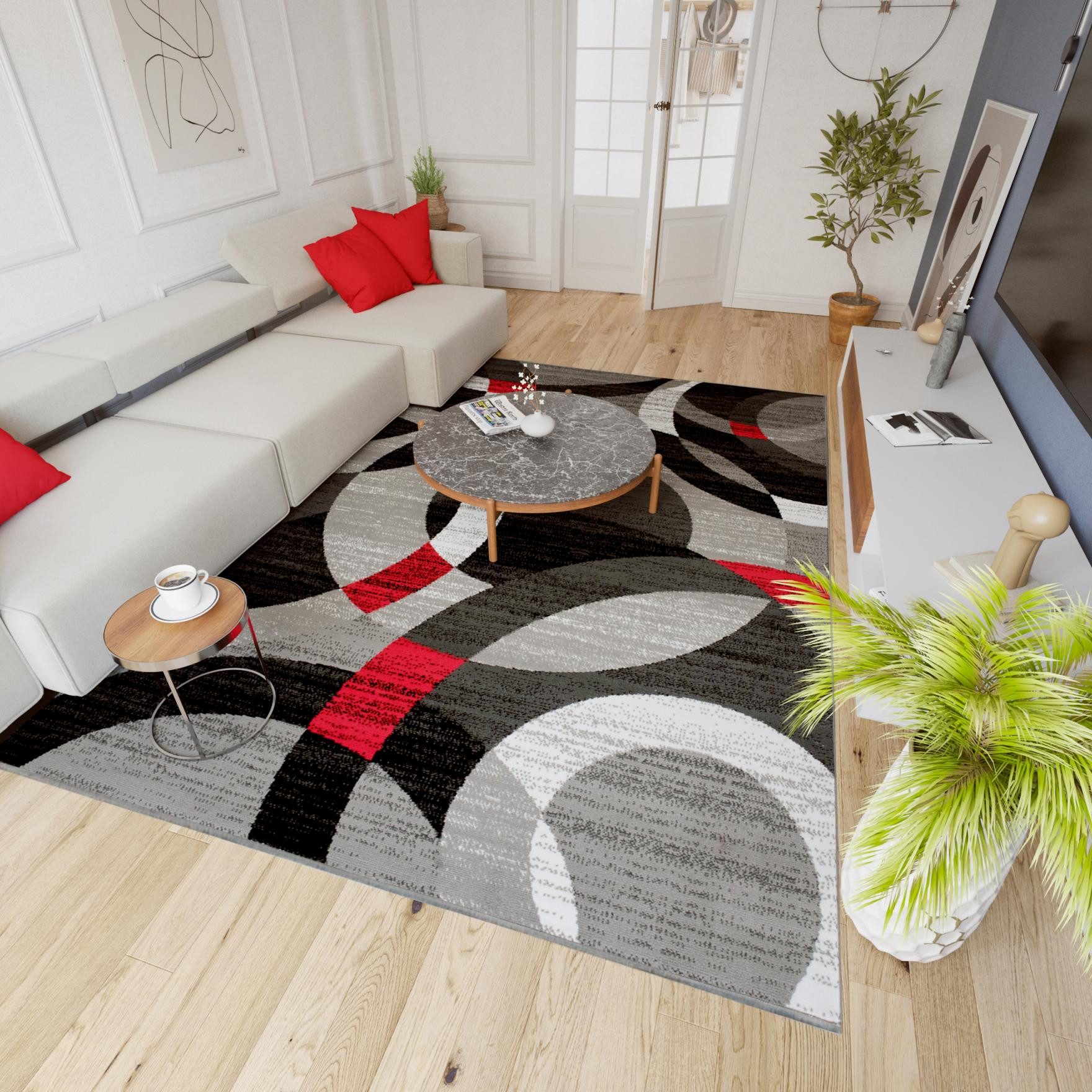 Mazovia Orientteppich Modern Geometrisch Rot Anthrazit Wohnzimmer, Schlafzimmer, Büro, Fußbodenheizung – Bild 5 von 5