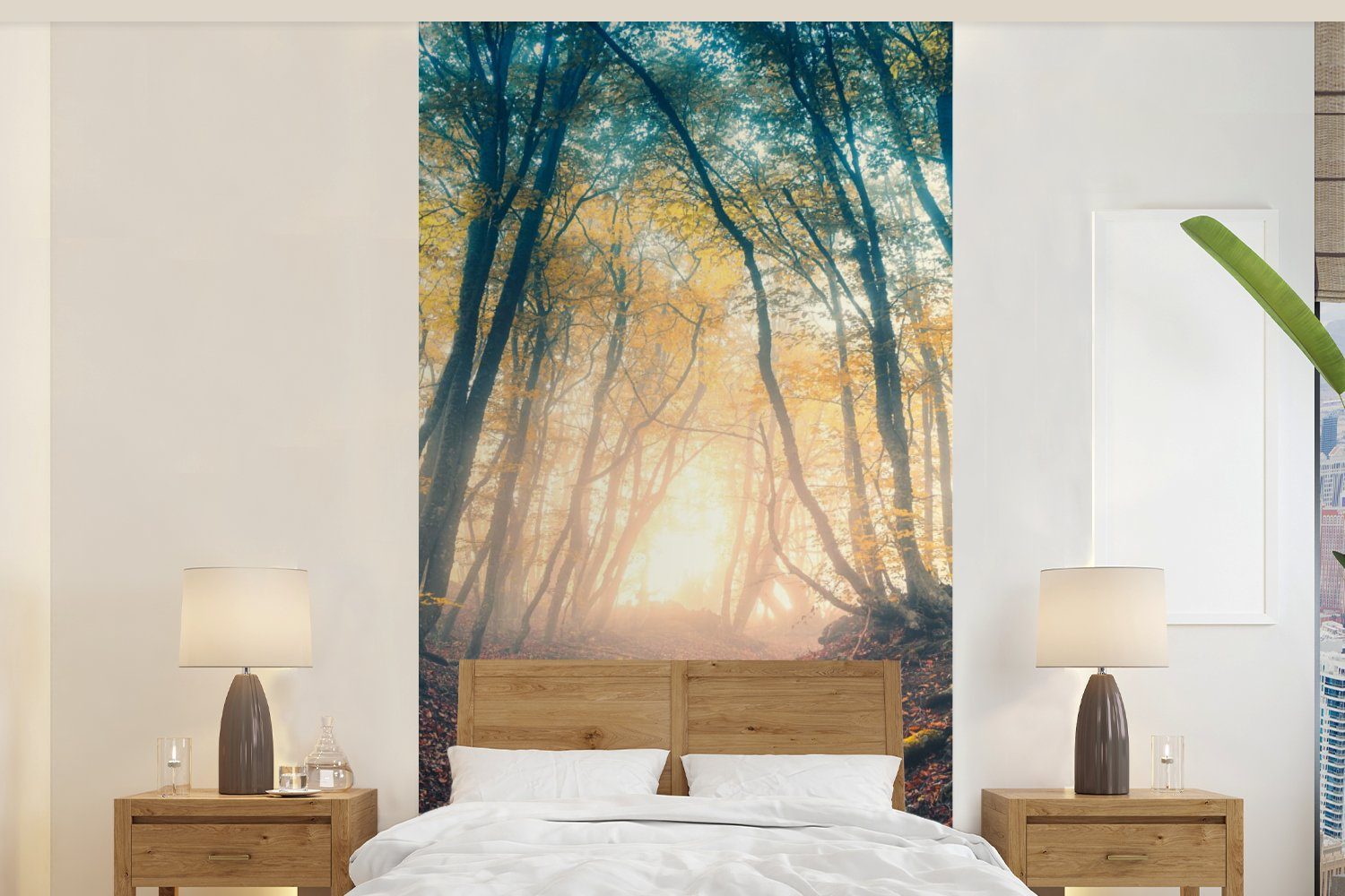 MuchoWow Fototapete Wald - Nebel - Sonne - Herbst, Matt, bedruckt, (2 St), Vliestapete für Wohnzimmer Schlafzimmer Küche, Fototapete | Fototapeten
