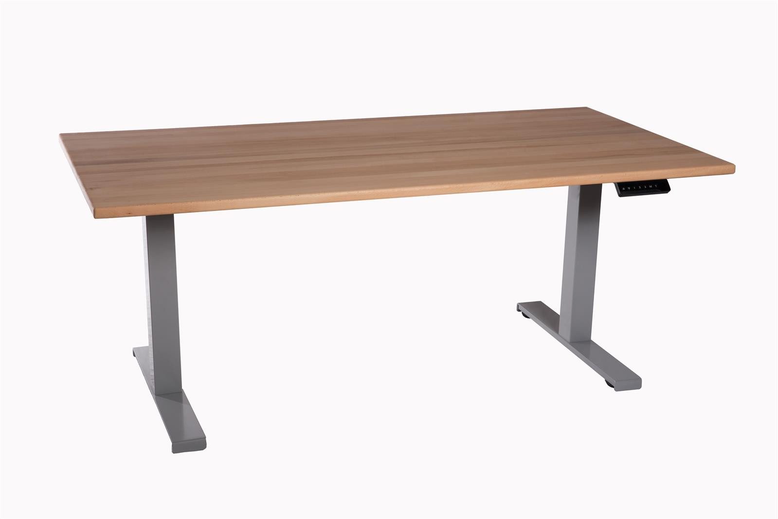 Xantron Schreibtisch höhenverstellbar lichtgrau Tischplatte Vollholz Buche 160x80cm (2 Motoren, LED-Controller mit Memory-Funktion), inkl. Kabelmanagement, geölte Kernbuche