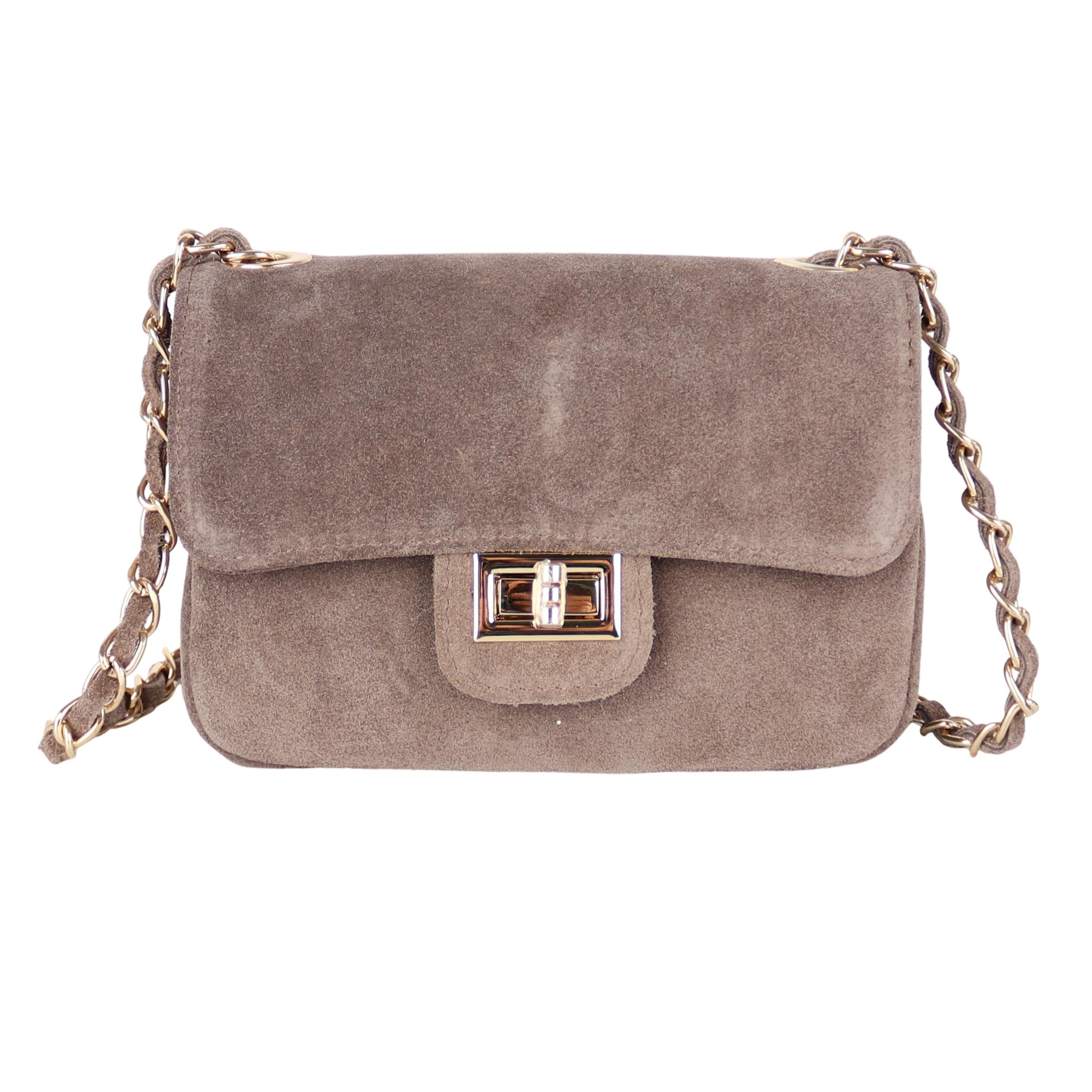 MIRROSI Umhängetasche DamenHandtasche aus Wildleder Made in Italy, mit Kettenriemen, Drehverschluss, ca. 20 x 12 x 8 cm