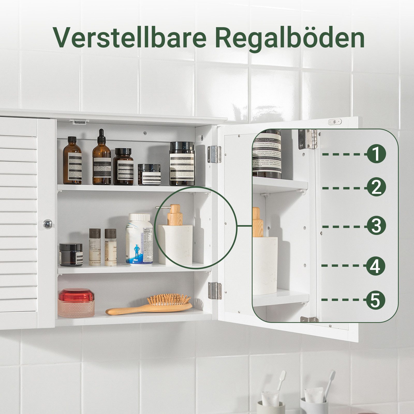 SoBuy Badezimmerspiegelschrank BZR55, Spiegelschrank Hängeschrank, Badezimmerschrank mit Spiegel mit Lamellentür, Wandschrank mit Spiegeltür, Verstellbare Regale