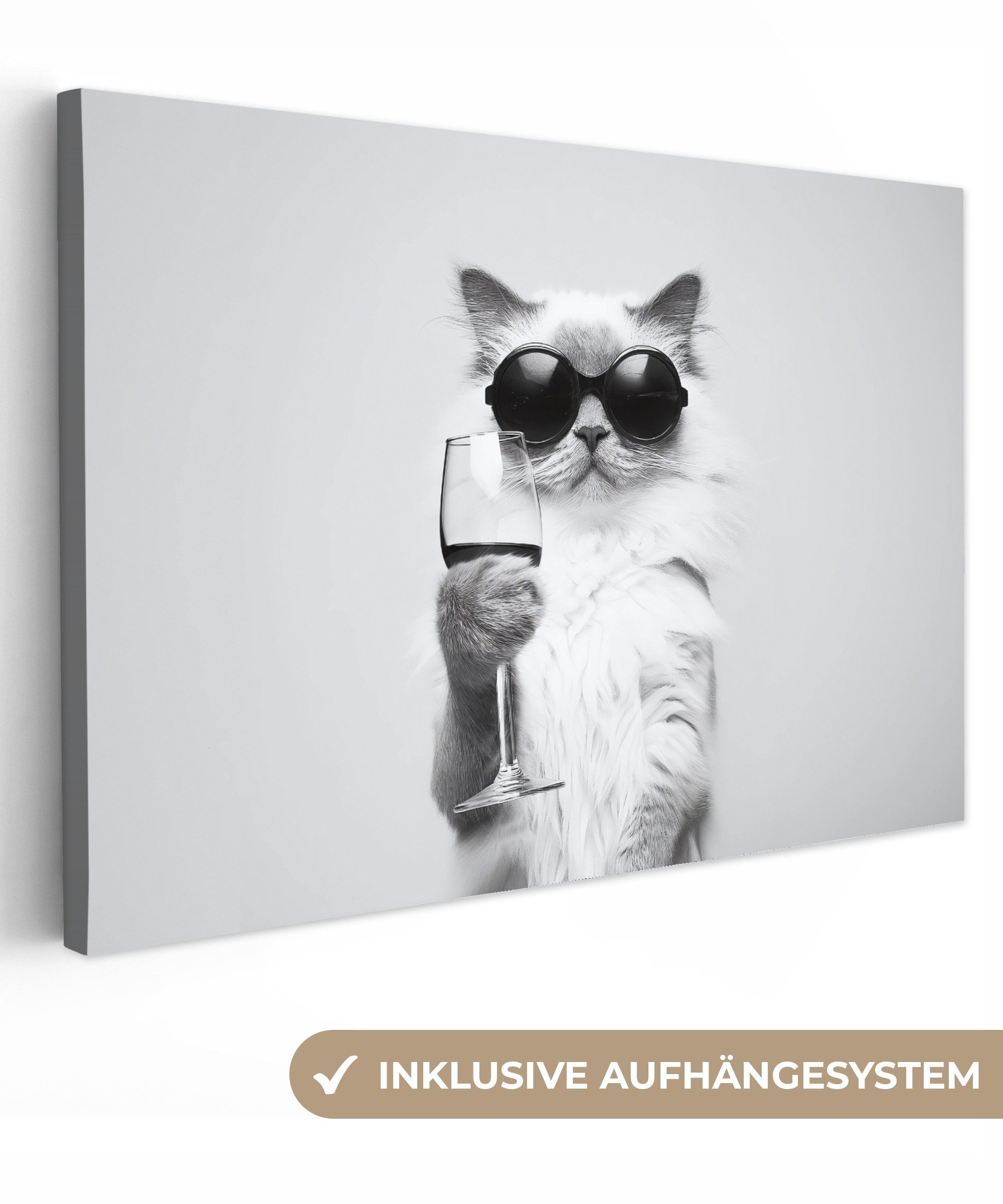 OneMillionCanvasses® Leinwandbild Katze - Sonnenbrille - Weinglas - Langhaa günstig online kaufen