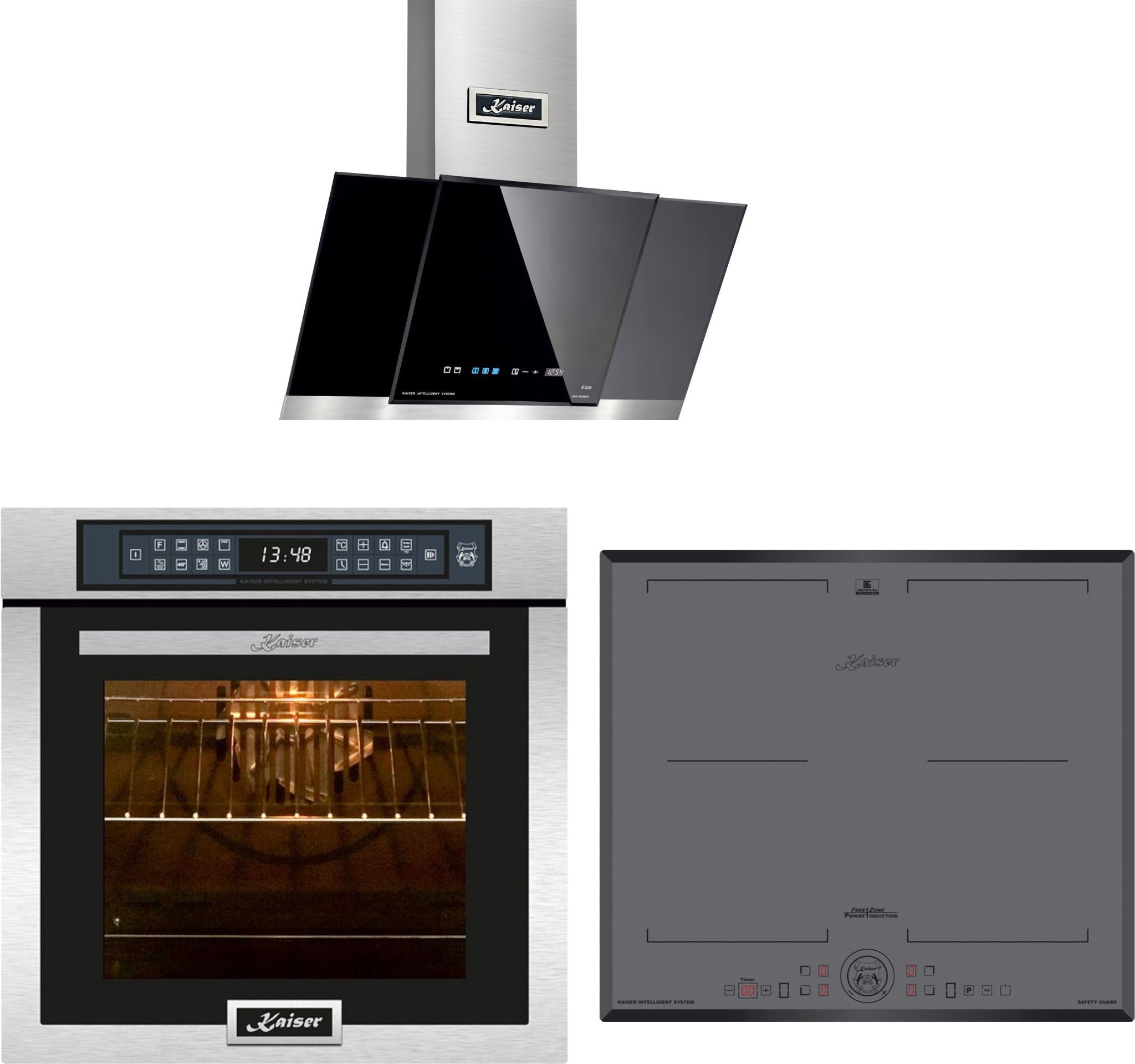 Kaiser Küchengeräte Backofen-Set Herd Set Autark Einbaubackofen,Edelstahl,79L 15 Fkt. mit Induktionskochfeld 60 cm, 4-fach Induktion Herd FREE ZONE mit Dunstabzugshaube 60cm,TouchControl, 910m³/h EH 6306 R + KCT 6730 FIG+AT 6438 F ECO, mit 1-fach-Teleskopauszug