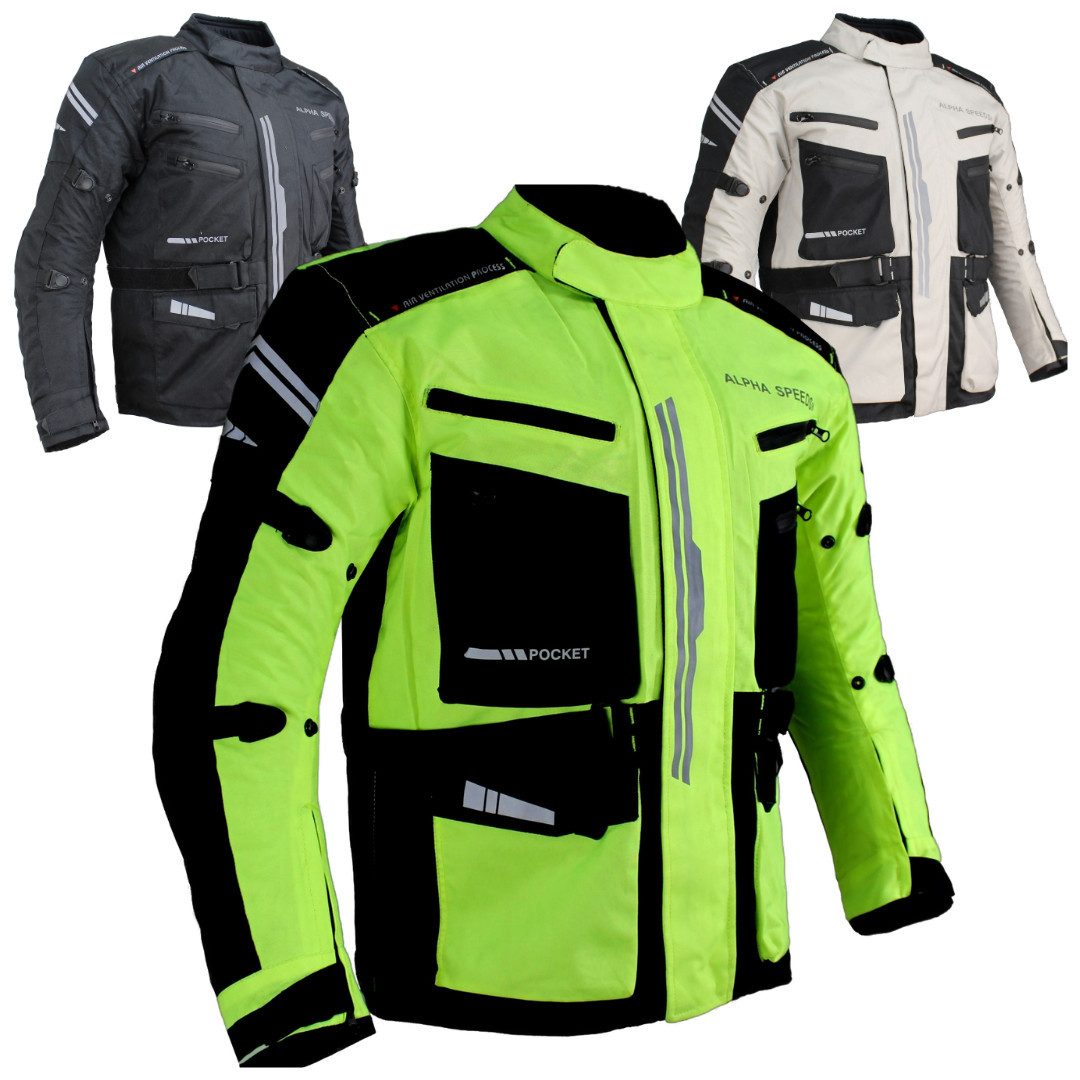 Alpha Speeds Motorradjacke JET PRO, All-Saison Motorradjacke inklusive Protektoren (2026) Abnehmbares Membran + Futter, 7 Belüftungen, 10 Taschen, in Neongelb