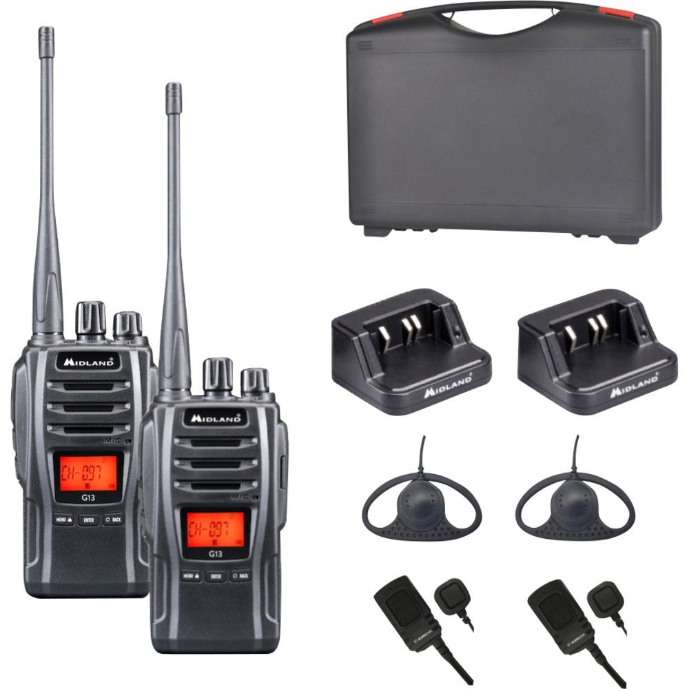 Midland Walkie Talkie Midland Midland 2er Koffer G13 PMR446 Funkgerät, Kenwood AE34 Headset | Walkie Talkies