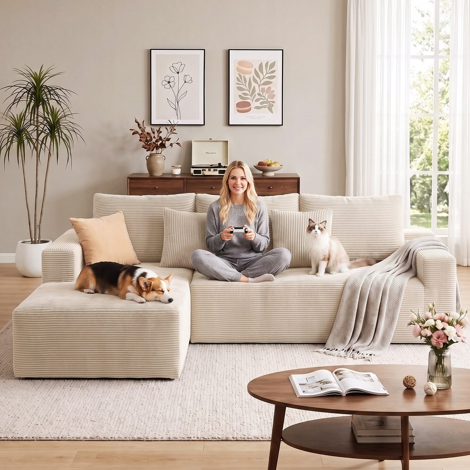 oyajia Ecksofa modulares Sofa 240cm mit großer Chaiselongue, breit vakuumverpackt, Schlafsofa, keine Montage erforderlich, mit großer Chaiselongue – Bild 3 von 5