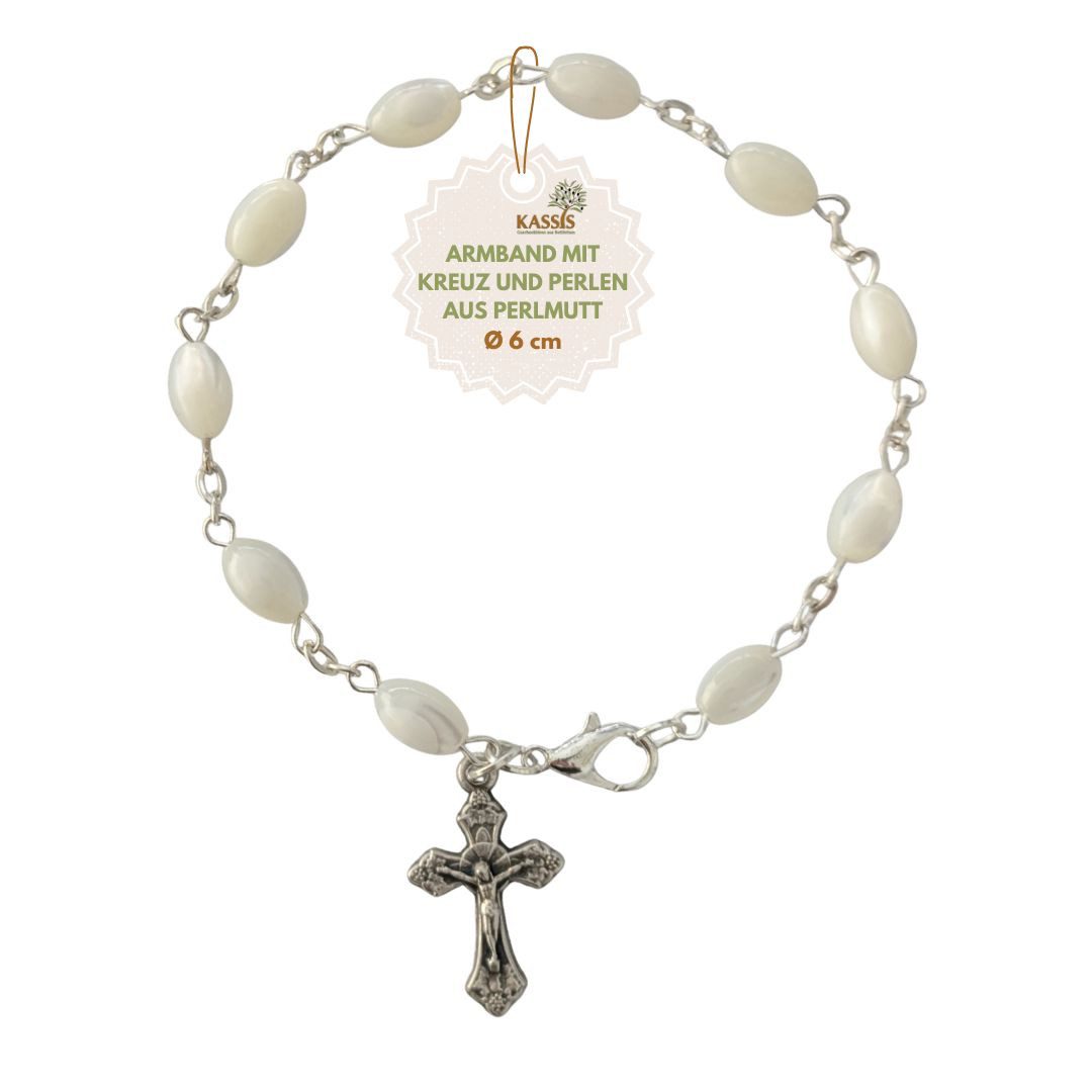 Kassis Geschenkartikel Armband mit ovalen Perlmutt-Perlen Gebetskette Talisman Glücksbringer, handgefertigt in Bethlehem, Geschenk zu Kommunion Taufe Firmung