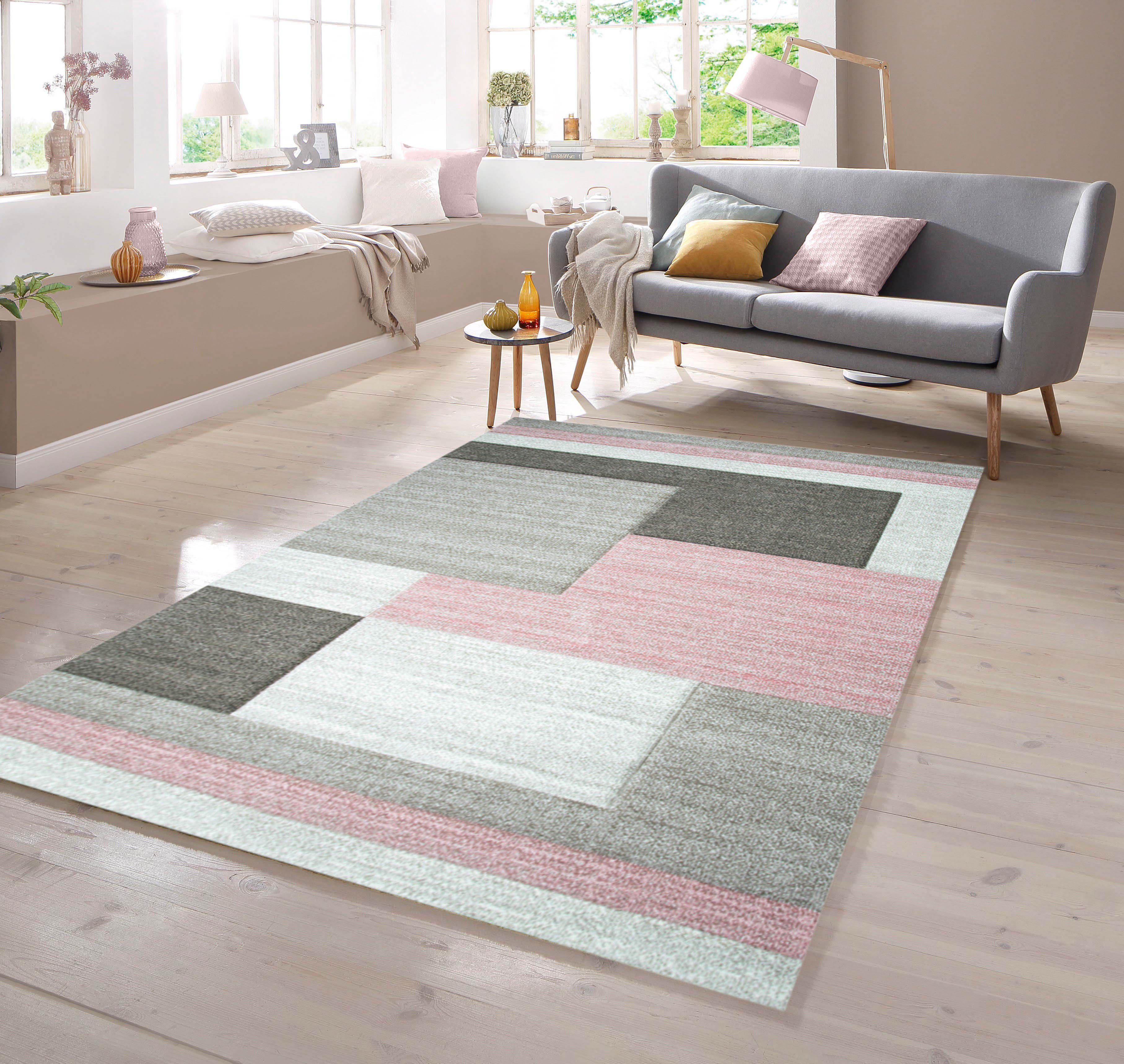 Teppich Designer Teppich Karo rechteckig Muster Pastellfarben mit TeppichHome24, Rosa Creme Konturenschnitt Beige