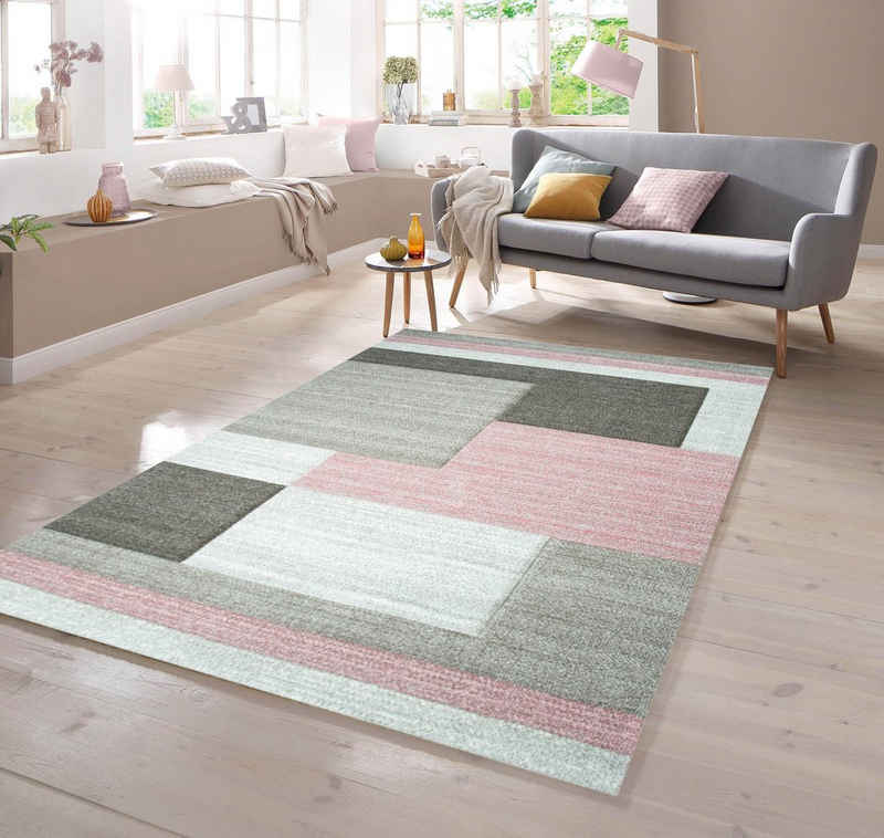 Teppich Designer Teppich mit Konturenschnitt Karo Muster Pastellfarben Rosa Creme Beige, TeppichHome24, rechteckig