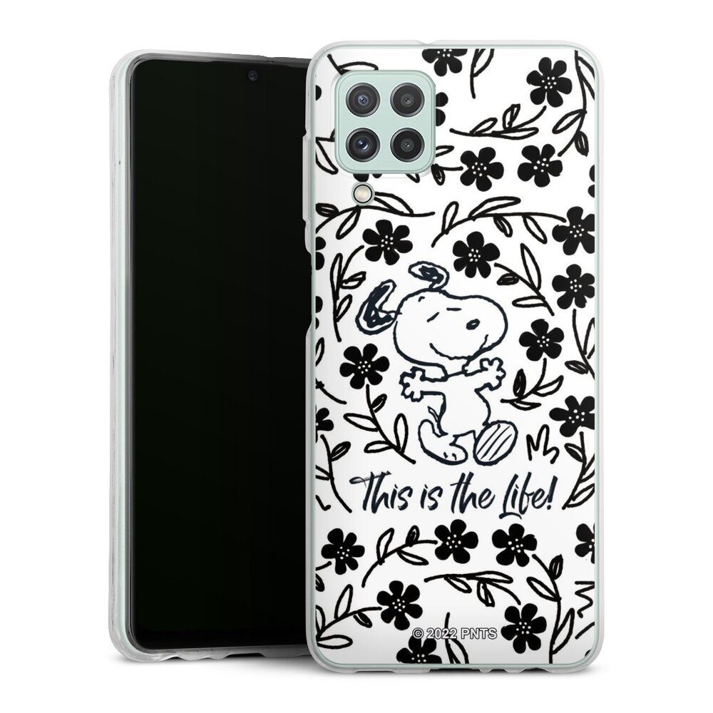 DeinDesign Handyhülle Peanuts Blumen Snoopy Snoopy Black and White This Is The Life, Samsung Galaxy A22 4G Silikon Hülle Bumper Case Handy Schutzhülle