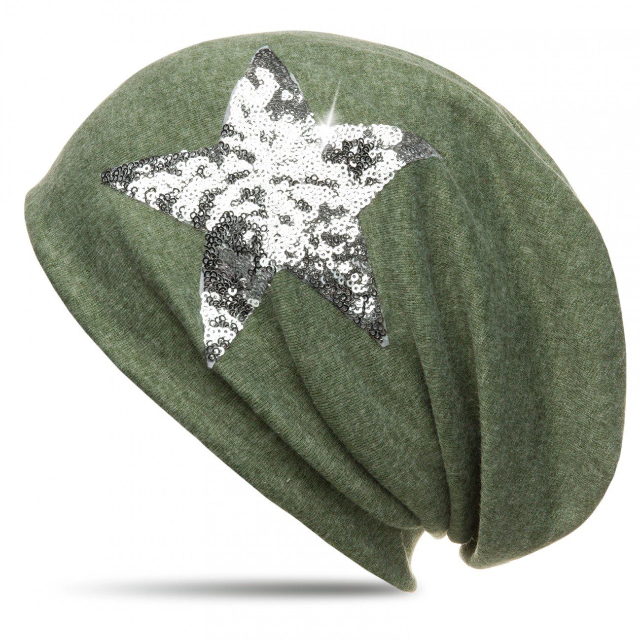 Caspar Beanie MU136 Mütze mit Pailletten Stern und warmem Flanell Stoff olivgrün (meliert)