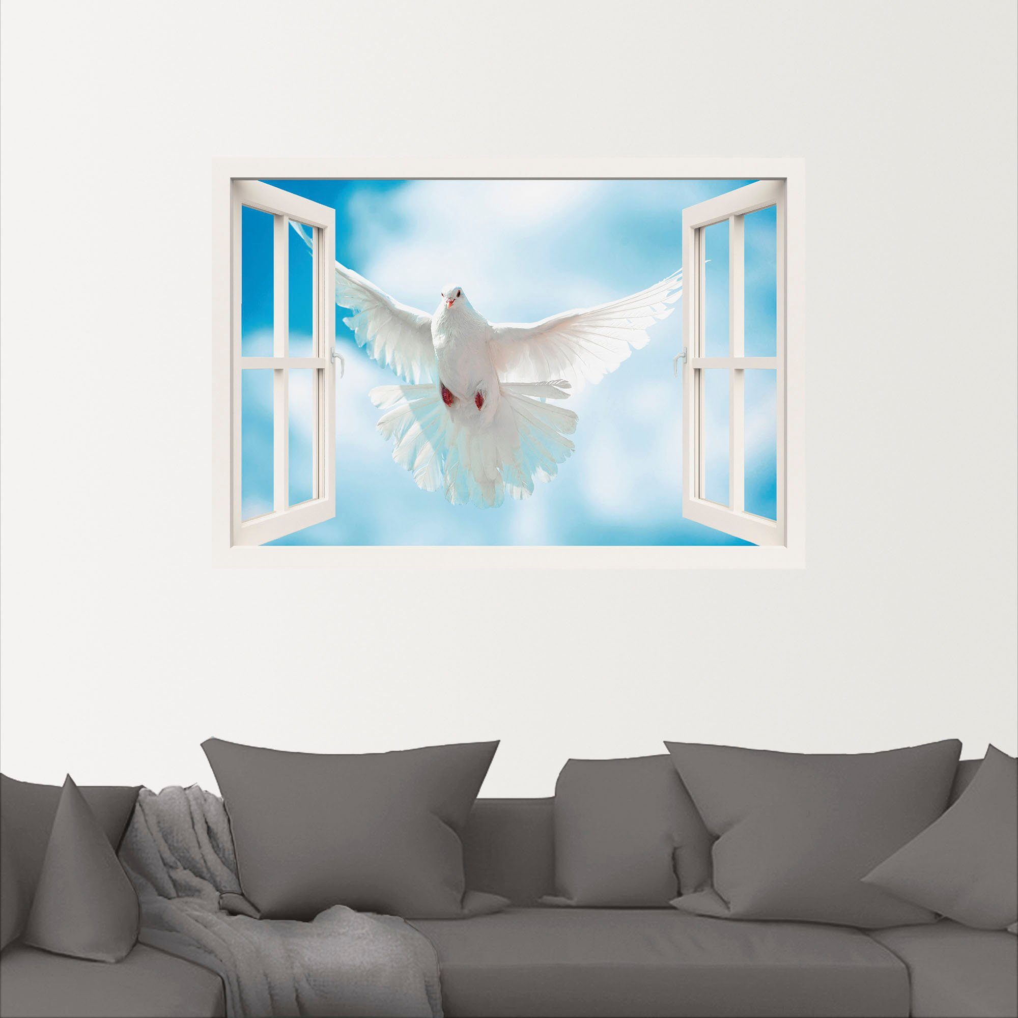 Poster Fensterblick Größen der Artland Wandaufkleber Vögel oder als (1 Alubild, Leinwandbild, versch. in Wandbild vor Taube Sonne, St),