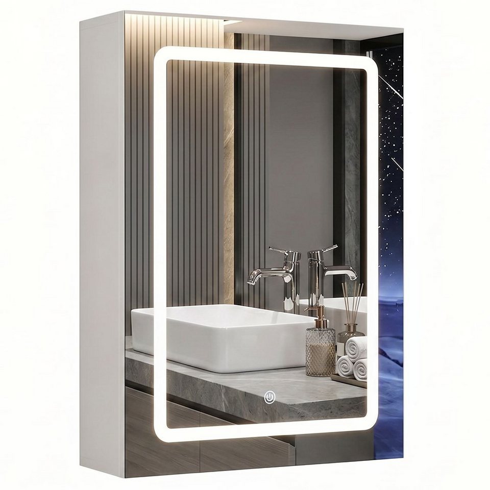 Gdood Badezimmerspiegelschrank Spiegelschrank Doppeltür Hängeschrank mit LED (1-St., Einstellung der warmen und kalten Farbtemperatur 3000/4500/6400K) inkl. LED-Beleuchtung, Stecker, Touchschalter, Beschlagfrei