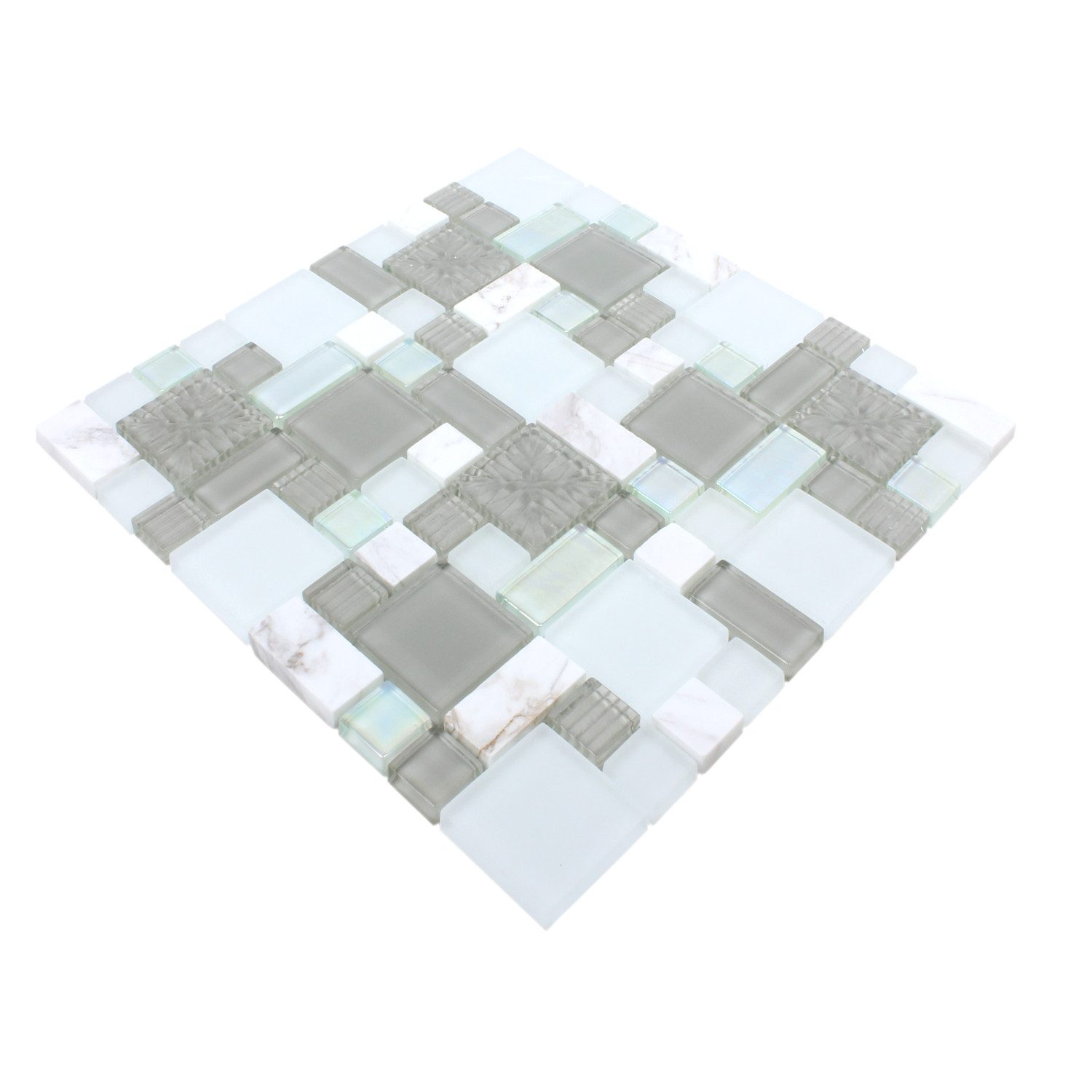 Mosafil Mosaikfliesen Glasmosaik Naturstein Fliesen Norderney, Naturstein-Glas-Marmor 30.000x30.000, weiß-grau-flaschengrün, Verlegefertig auf ein Netz geklebt - Frostsicher - Wasserfest