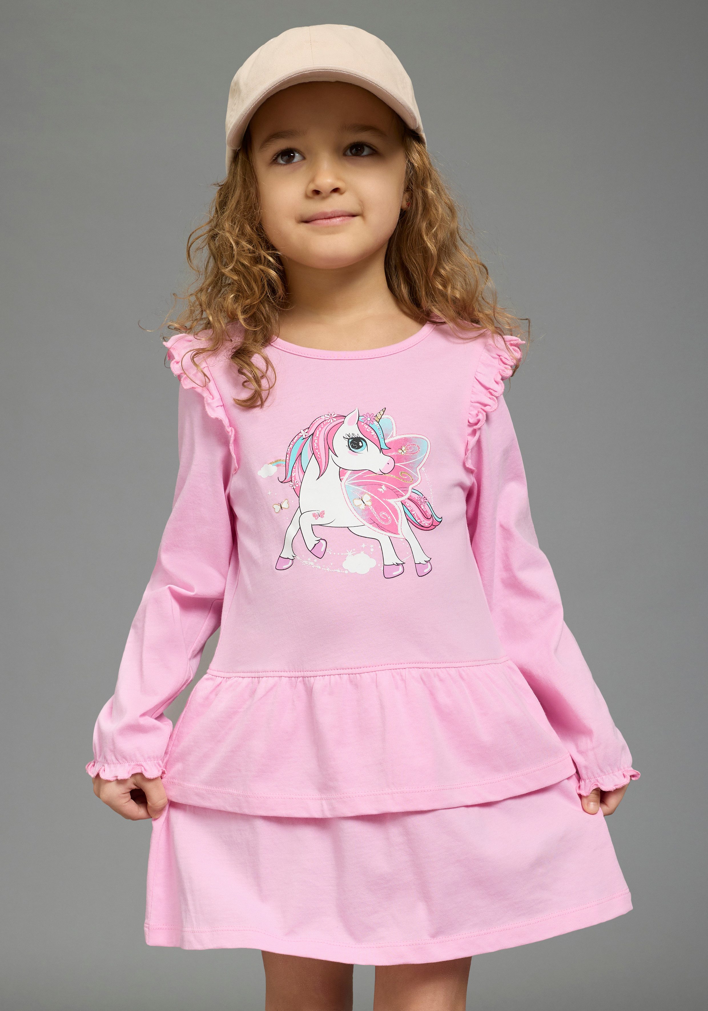 KIDSWORLD Jerseykleid Süßes Shirtkleide mit Einhorn-Druck für Mädchen, aus Single Jersey aus Baumwolle