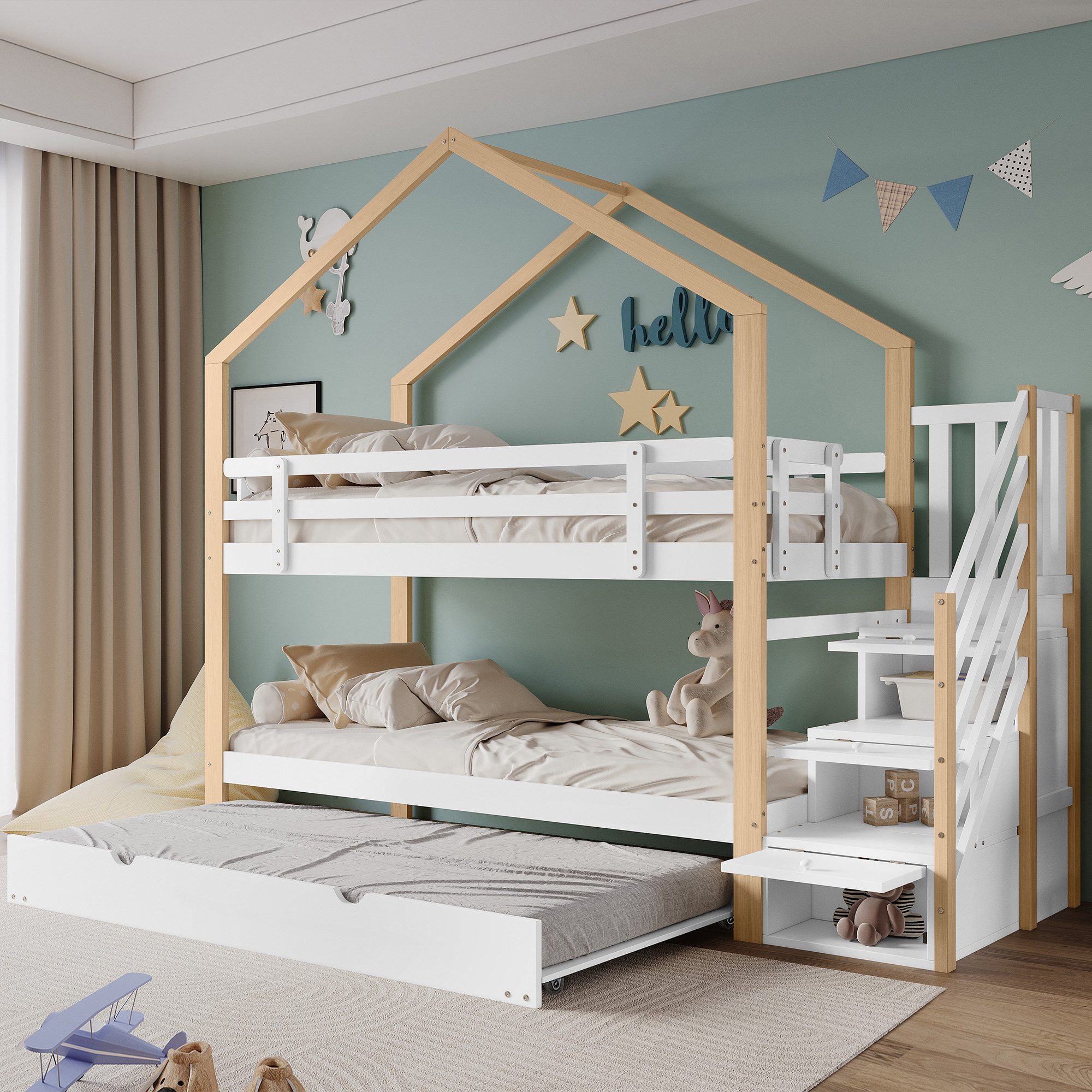 Flieks Etagenbett, Kinderbett 90x200cm mit Stauraumtreppe und Unterbett 90x günstig online kaufen