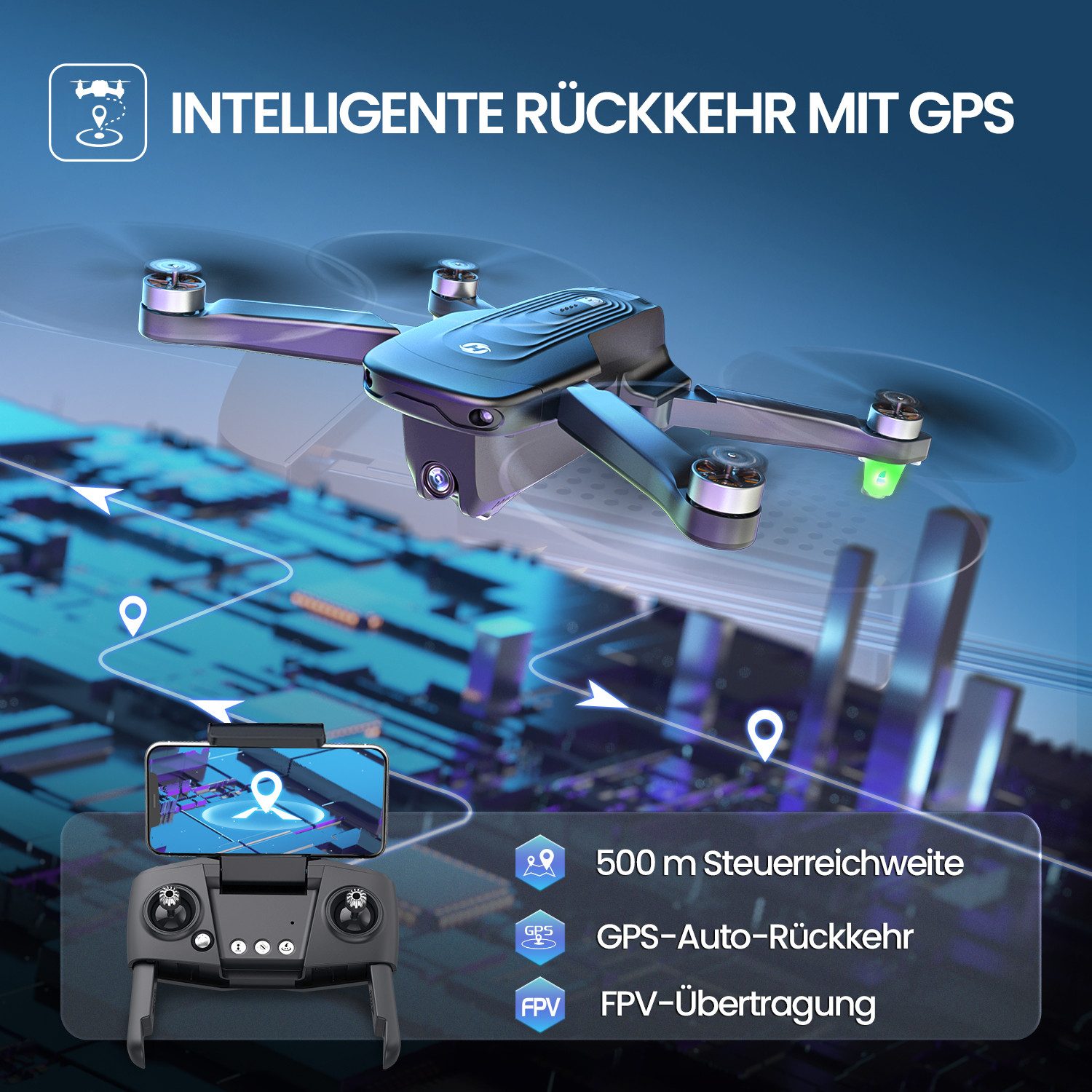 HOLY STONE mit Kamera 4K, 46 Min Flugzeit, Follow-Me, Bürstenloser Motor Drohne (Ideal für Familie, Reisen & Partys) schwarz