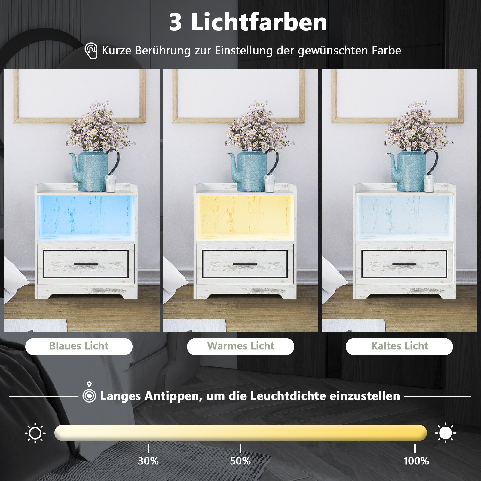 COSTWAY Nachttisch (1-St), LED, 3 Farben, mit Schublade & USB-Anschluss, Holz, weiß