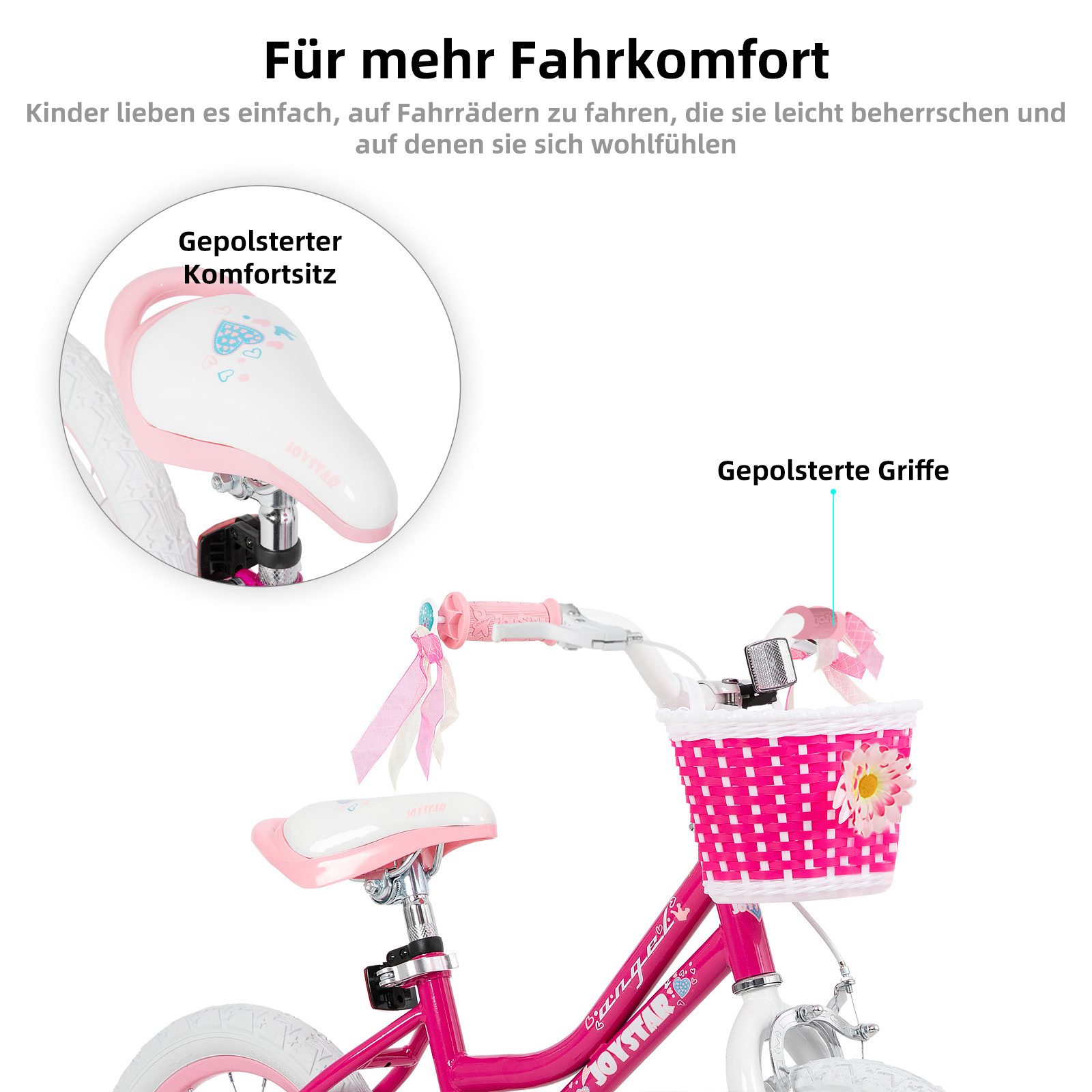 JOYSTAR Kinderfahrrad 12 14 16 18 Zoll Mädchenfahrrad, 2 - 9 Jahre,Geschenk für Prinzessin, 1 Gang, Mit Hilfsrädern, farbigen Bändern, Korb, Reflektor, Kettenab – Bild 5 von 5