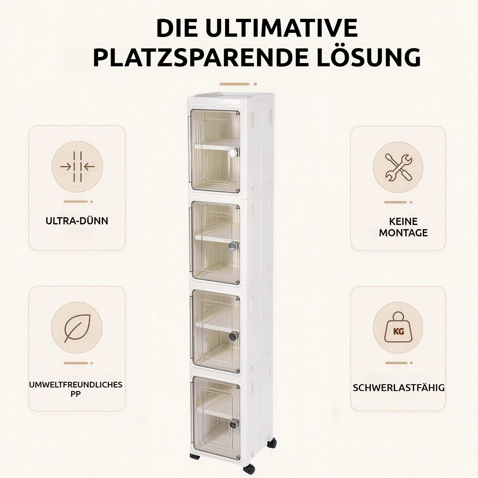 BlingBin Aufbewahrungsbox Stapelbox mit Tür und Rollen, 4‑2 Ebenen schmaler Badezimmerschrank (4er Set, 4 St., 22B x 25T x 127H cm), 22 x 25 x 127 cm, Organizer – Bild 4 von 5