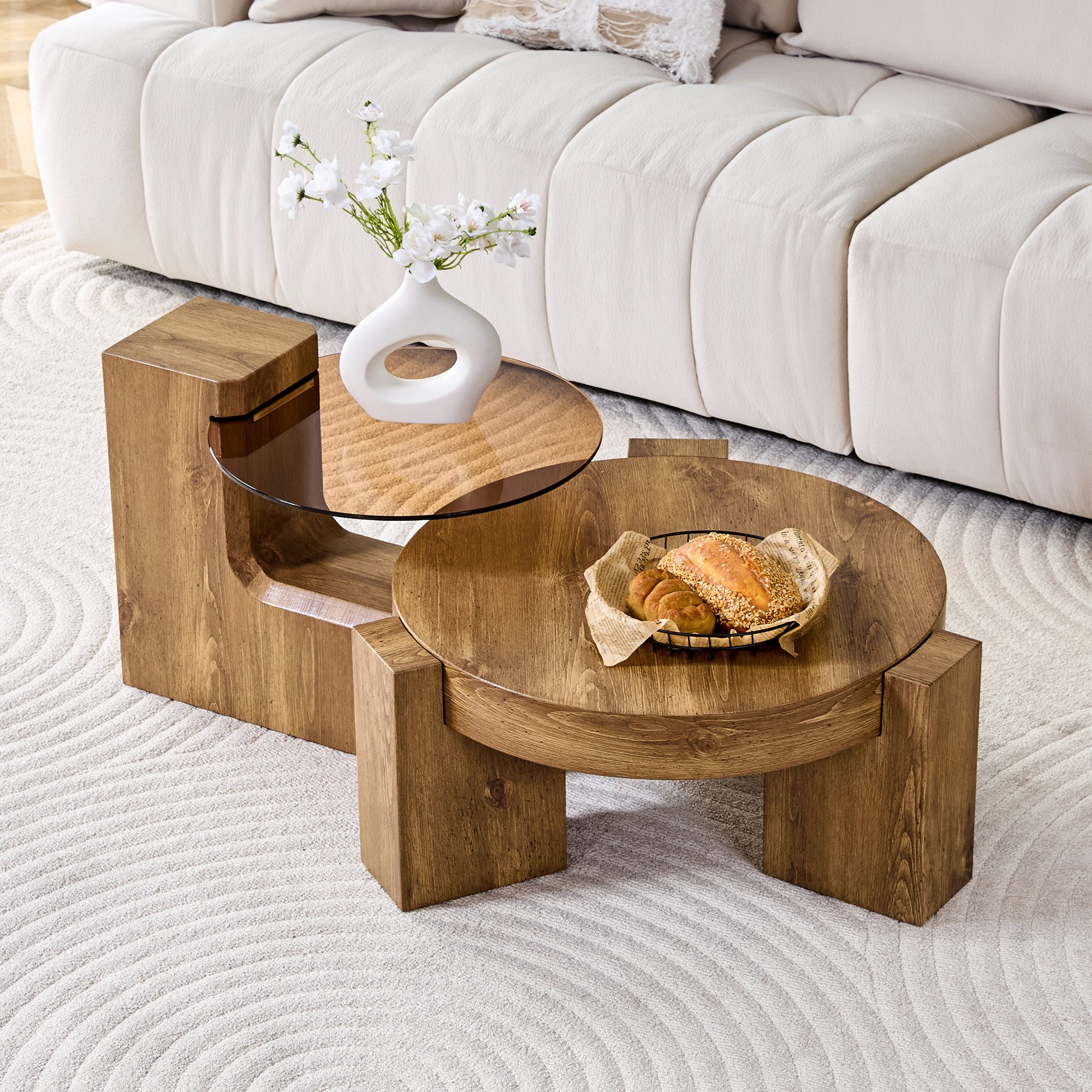HAUSS SPOLE Couchtisch zweiteilig Beistelltisch Sofatisch Kombinierbar MDF Holz Braun Glas (Wohnzimmertisch mit 0,6 cm dickes transparentes Sicherheitsglas), Sofatisch-Set mit L-förmige Tischbeine und verstärkter MDF-Rahmen