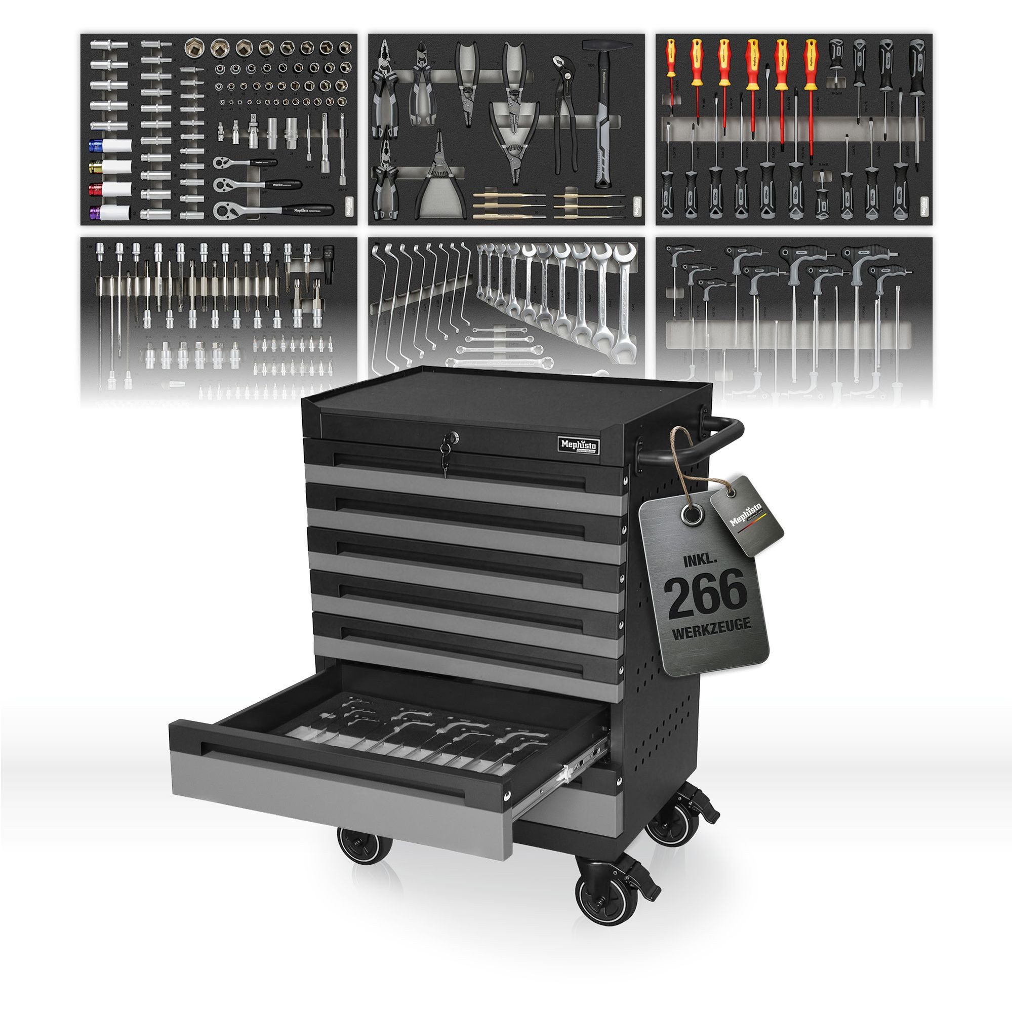 Mephisto-Tools Werkzeugwagen, (fertig montiert und bestückt), 7 Schubladen abschließbar & bis zu 40 kg belastbar, 2 Schlüssel inkl.
