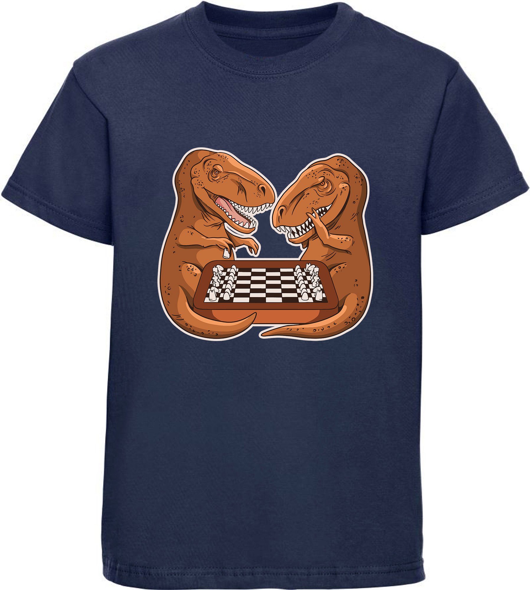 MyDesign24 Print-Shirt bedrucktes Kinder T-Shirt mit T-Rex beim Schach Baumwollshirt mit Dino, schwarz, weiß, rot, blau, i67 navy blau