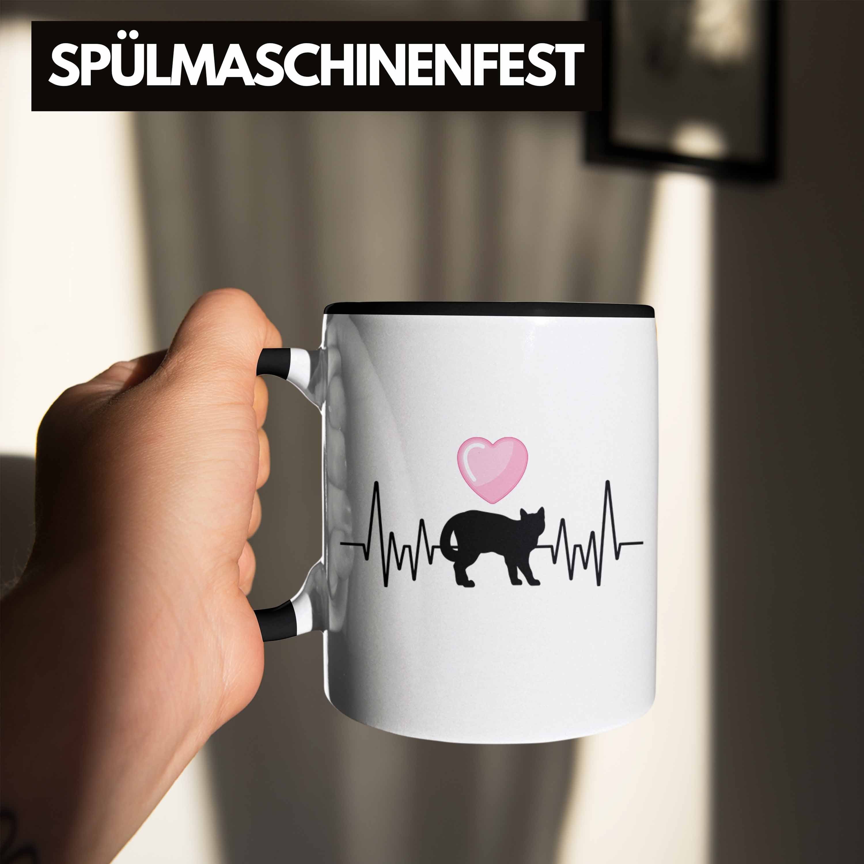 Trendation Tasse Trendation - Katze Ges Katzen-Mama für Hobby Herzschlag Schwarz Tasse Geschenk