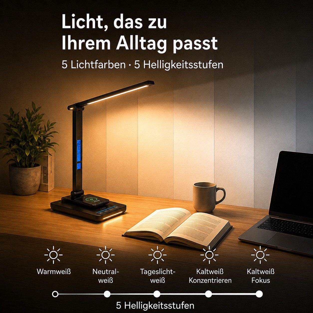 Toomoke LED Schreibtischlampe Tischleuchte, Bürolampe, Leselampe, LED fest integriert, Warmweiß, 480 lm, 10 W Qi, 5 Lichtfarben, 5 Stufen, 45-Min.-Timer – Bild 2 von 5